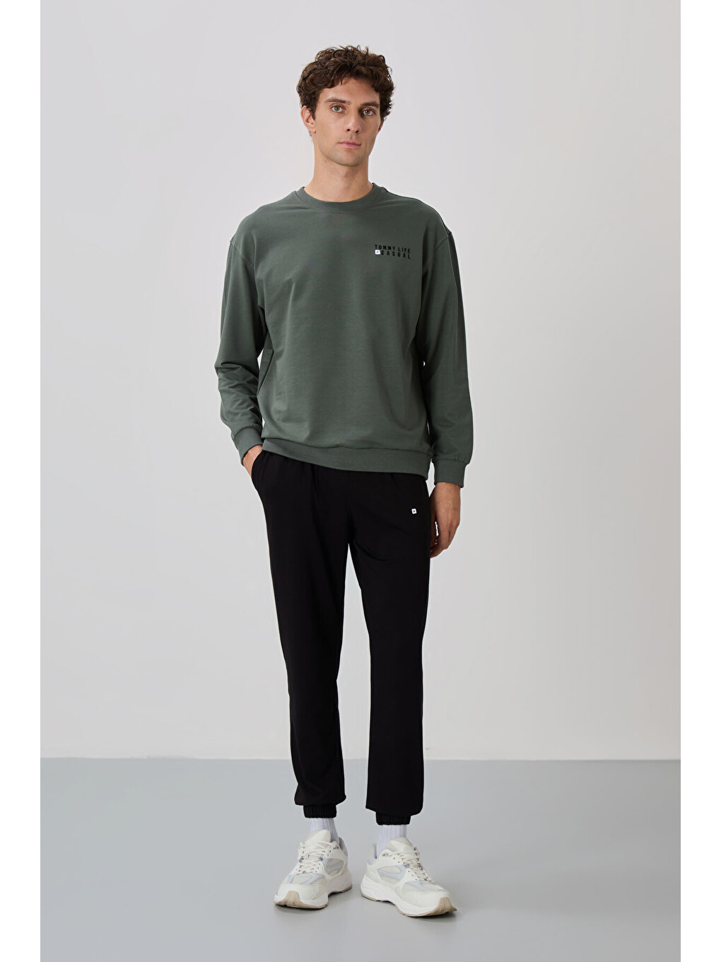 Yeşil Çağla - Siyah Casual O Yaka Lastik Paça Erkek Oversize Eşofman Takımı - 85120-3