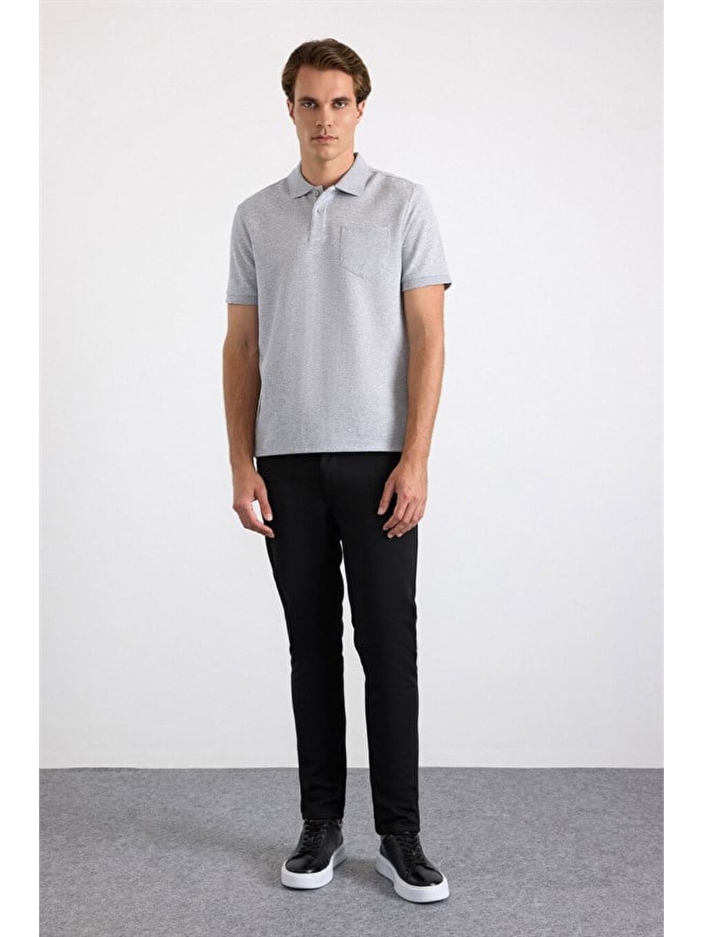Gri Regular Düz Baskısız Pike Düğmeli Polo Yaka Tişört-2