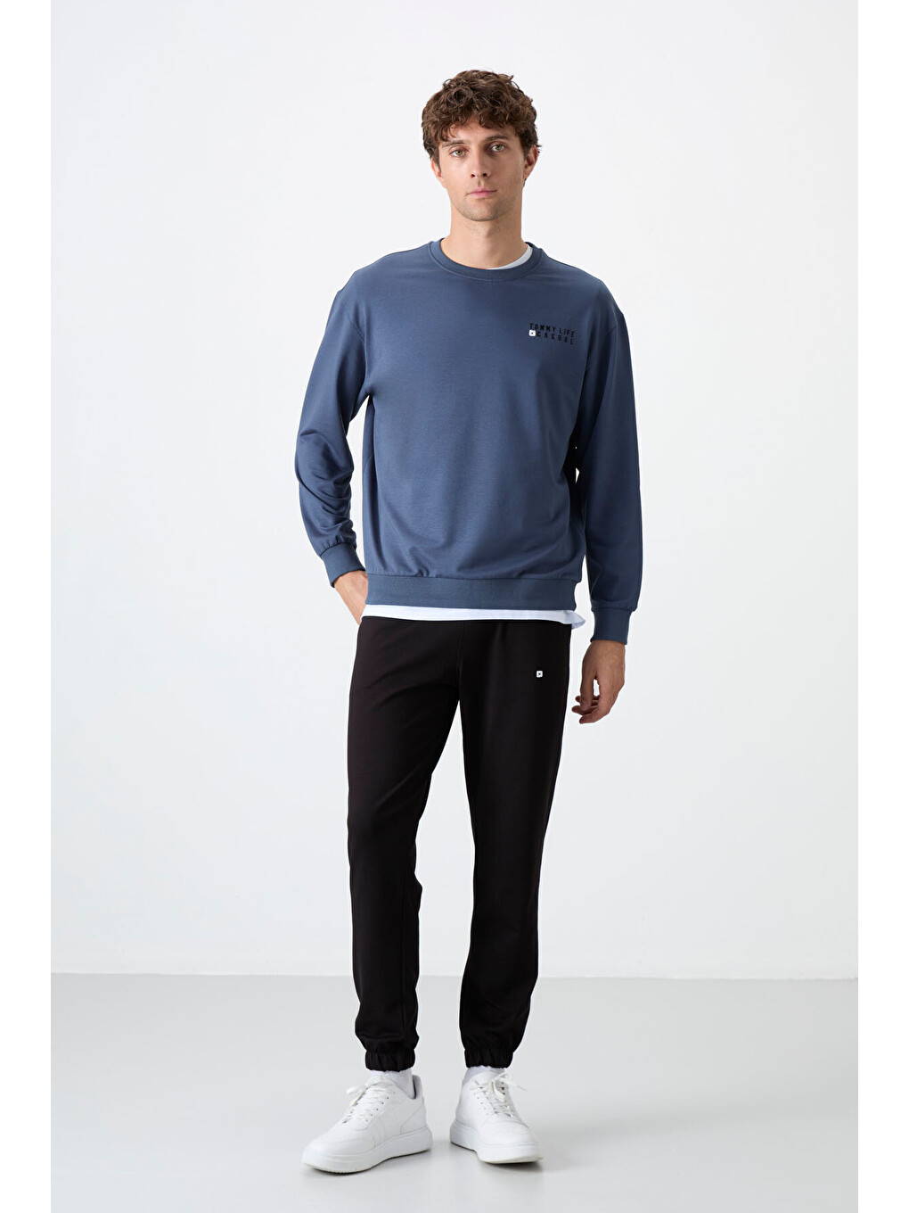 Petrol - Siyah Casual O Yaka Lastik Paça Erkek Oversize Eşofman Takımı - 85120-1
