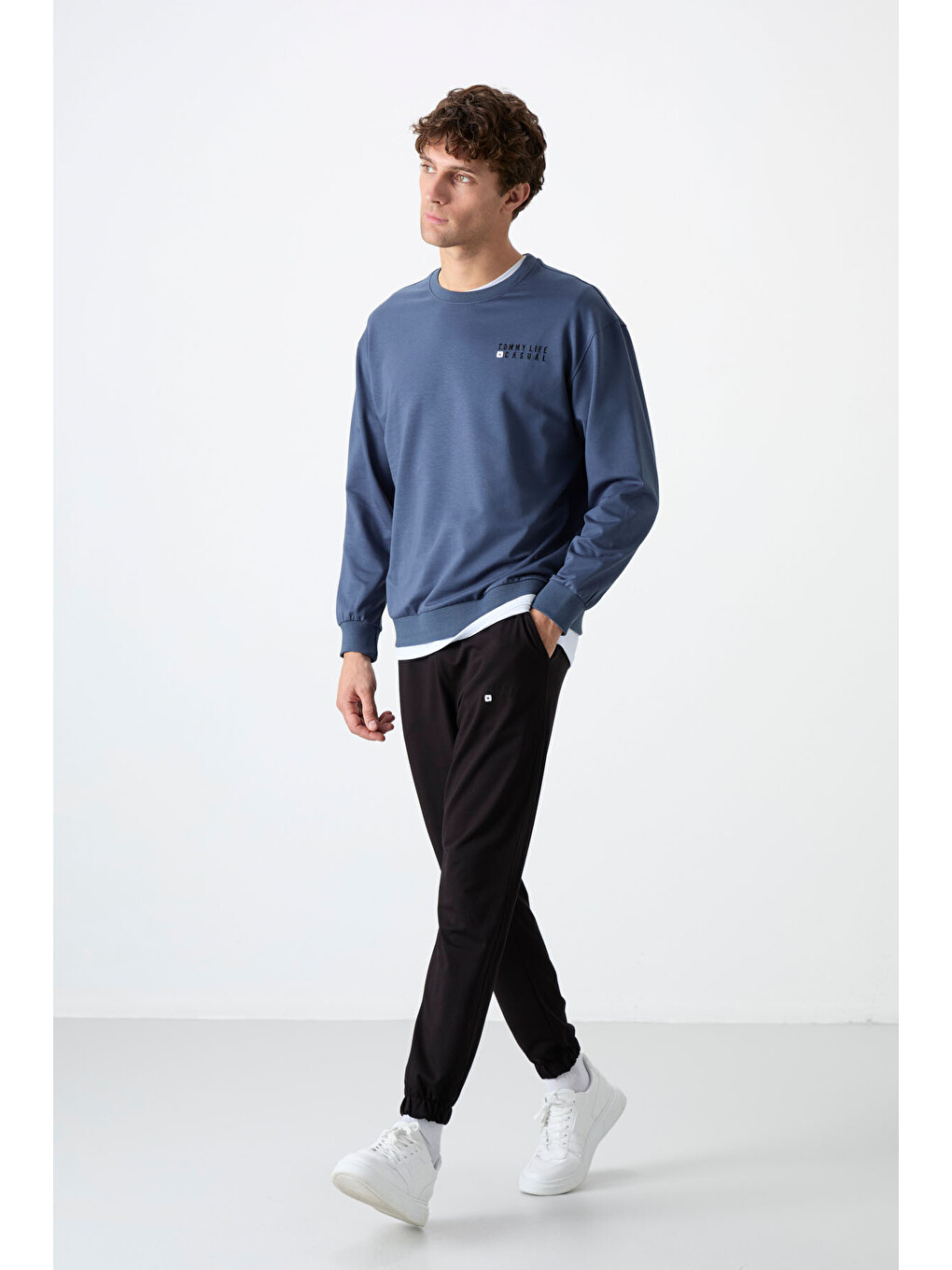 Petrol - Siyah Casual O Yaka Lastik Paça Erkek Oversize Eşofman Takımı - 85120