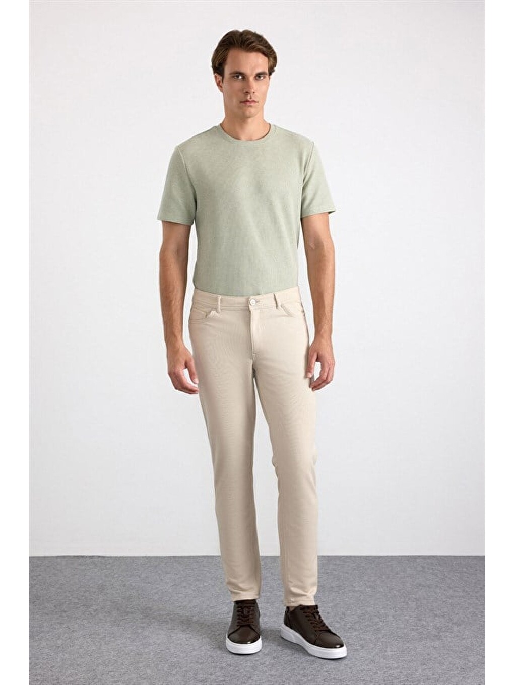Bej Slim Karışık Desen Armürlü Normal Bel Casual Pantolon