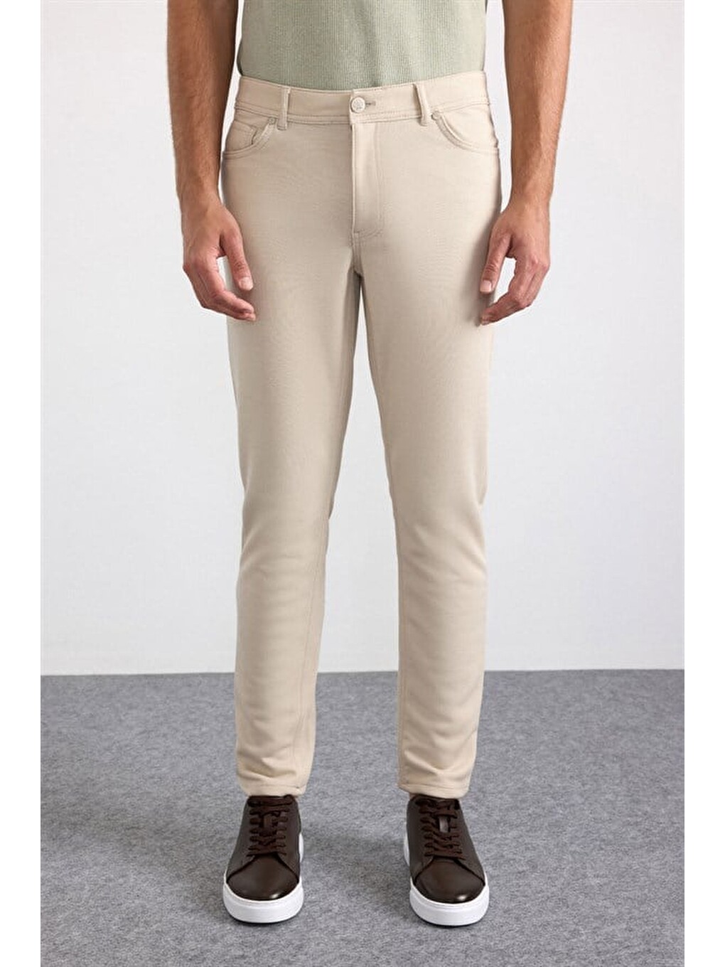 Bej Slim Karışık Desen Armürlü Normal Bel Casual Pantolon-1