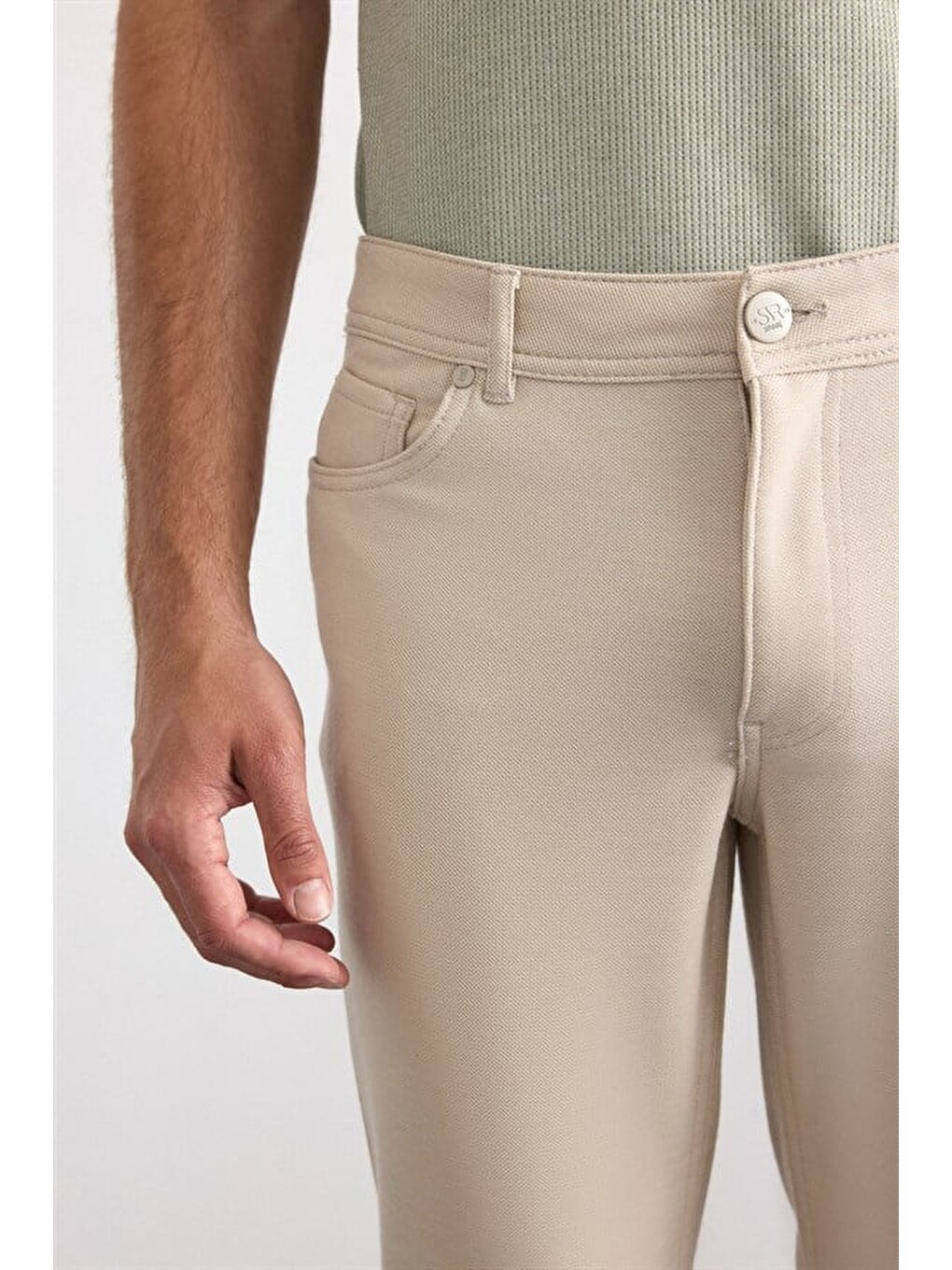 Bej Slim Karışık Desen Armürlü Normal Bel Casual Pantolon-2