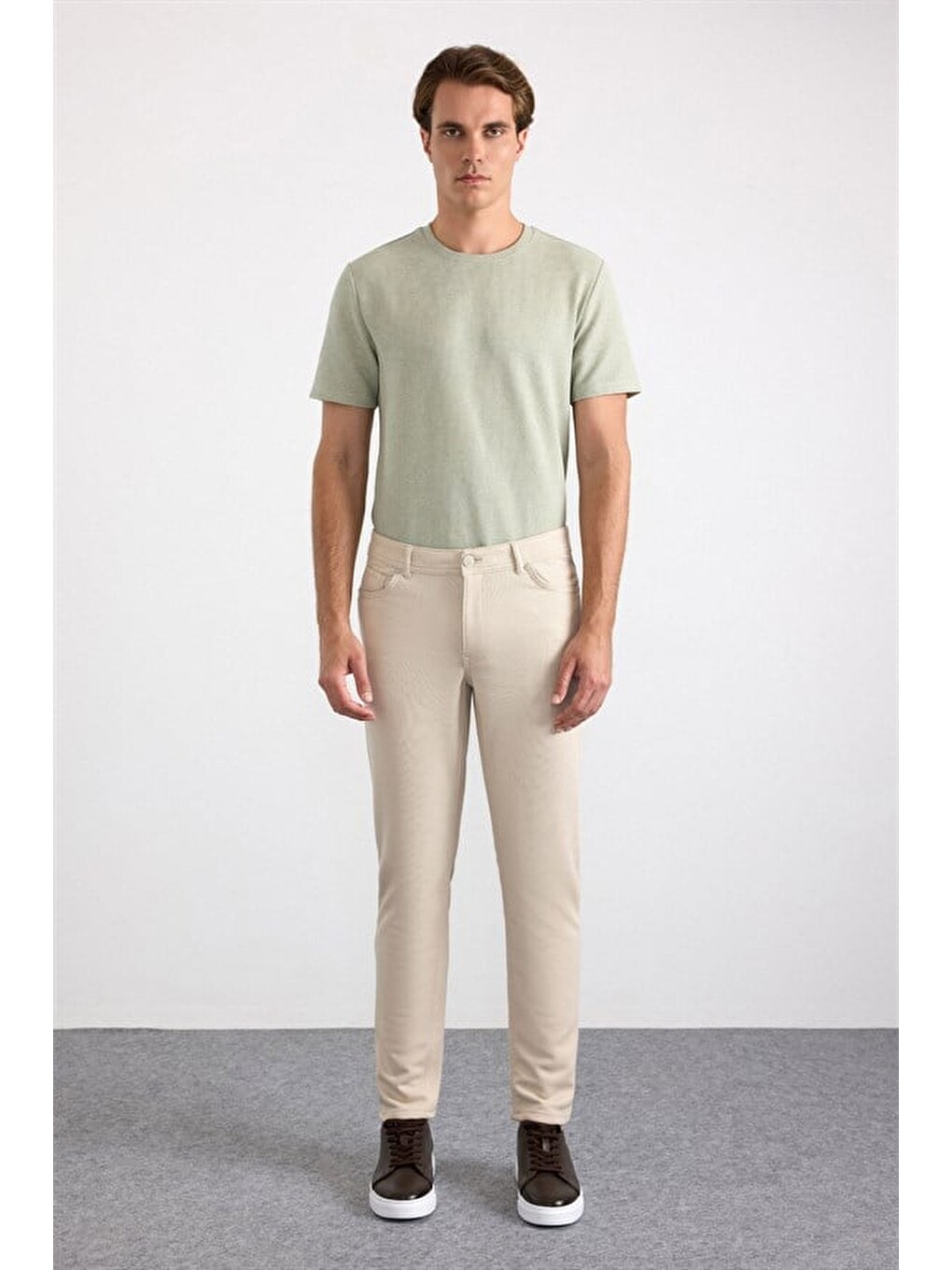 Bej Slim Karışık Desen Armürlü Normal Bel Casual Pantolon-4