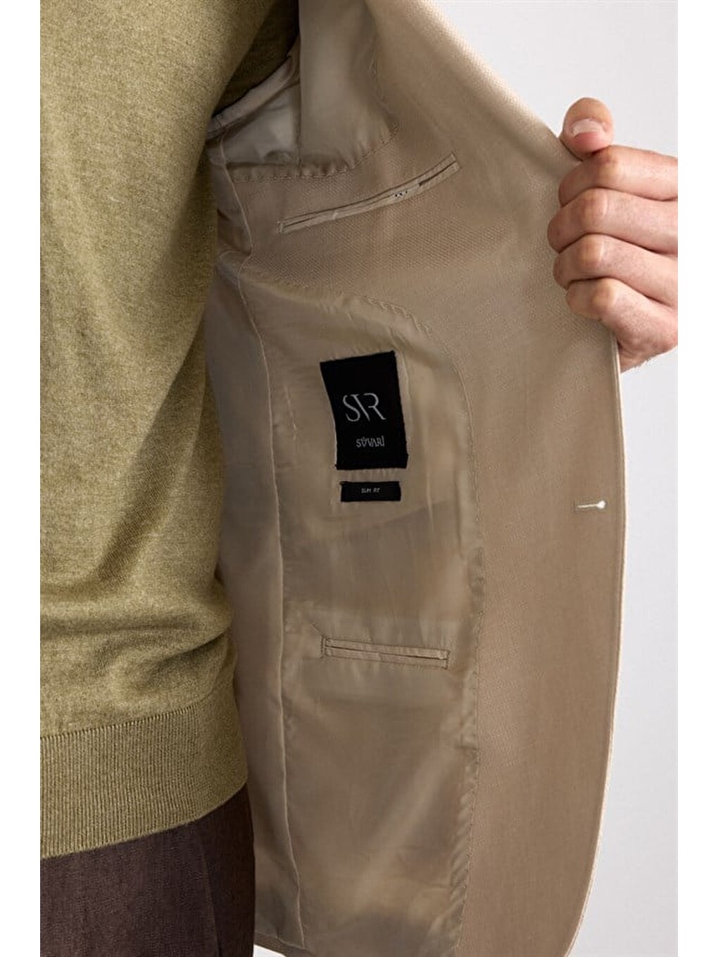Bej Slim Mono Yaka Torba Cep 6 Drop Klasik Ceket-4