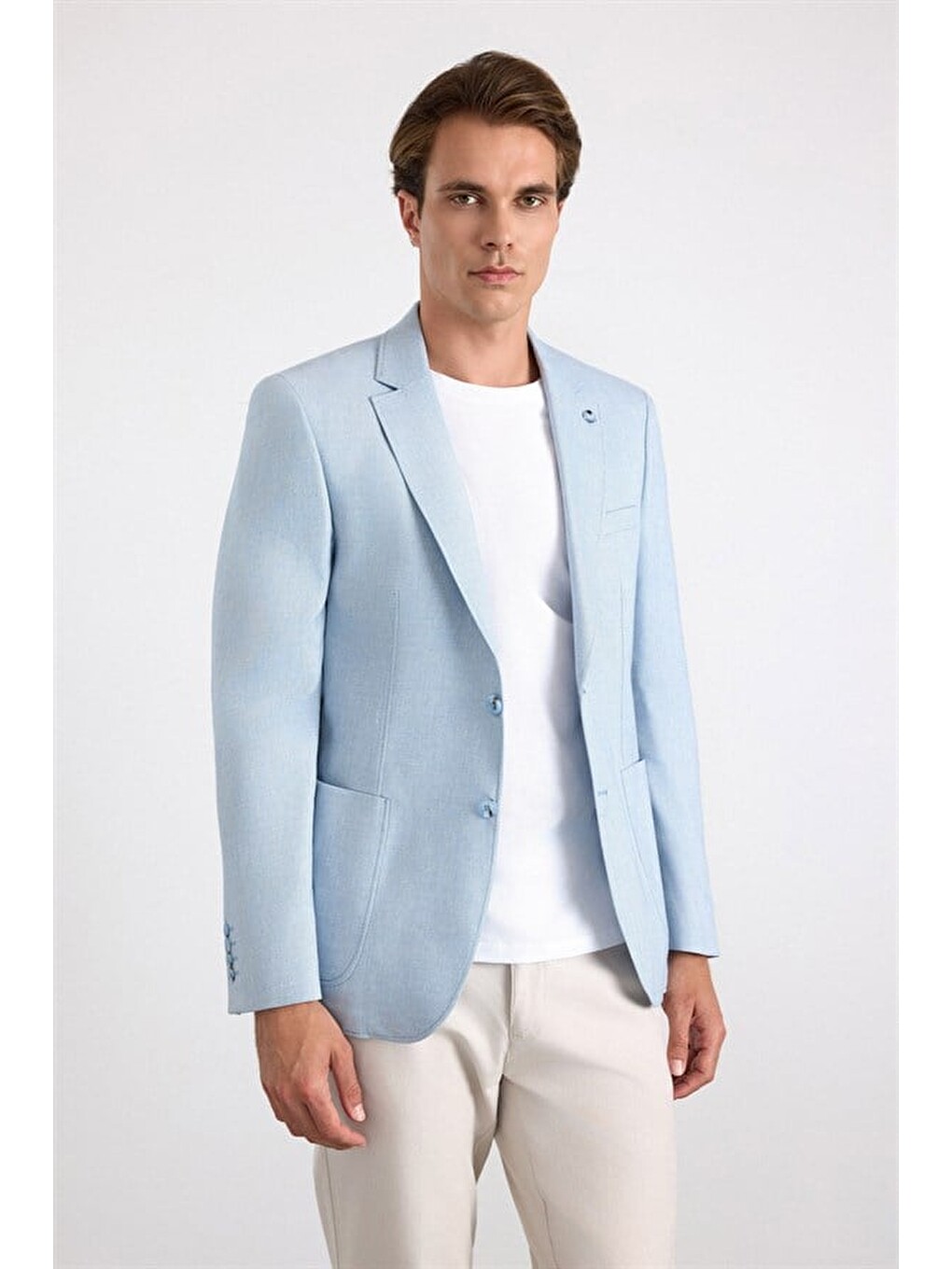 Saks Mavi Slim Sivri Yaka Düz Poplin Torba Cep 6 Drop Klasik Ceket-1