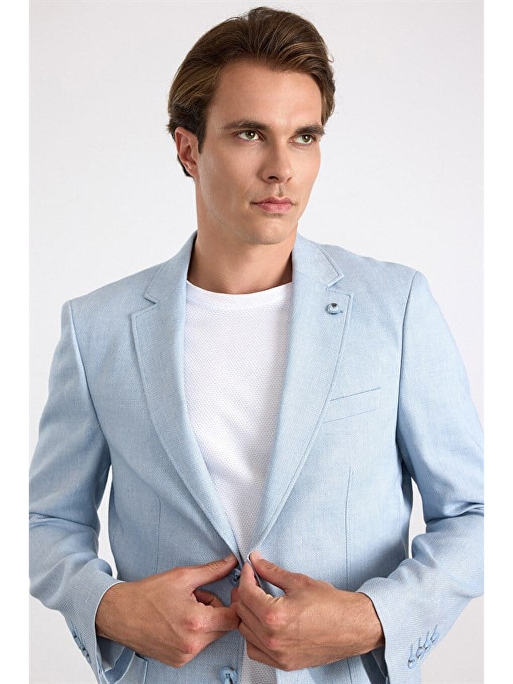 Saks Mavi Slim Sivri Yaka Düz Poplin Torba Cep 6 Drop Klasik Ceket-2