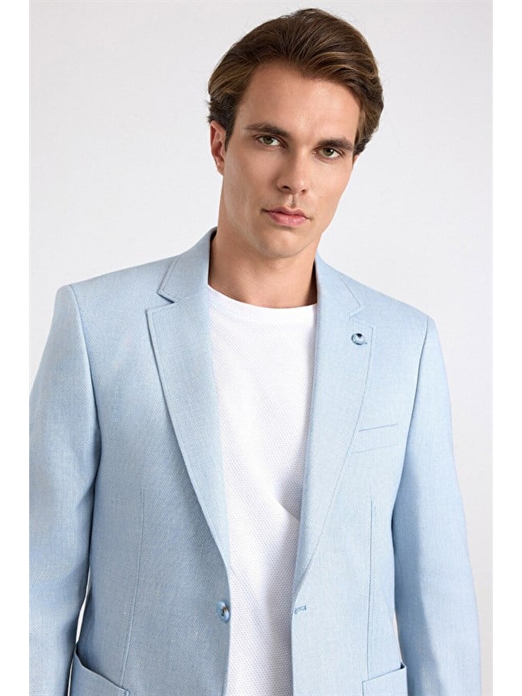 Saks Mavi Slim Sivri Yaka Düz Poplin Torba Cep 6 Drop Klasik Ceket-3
