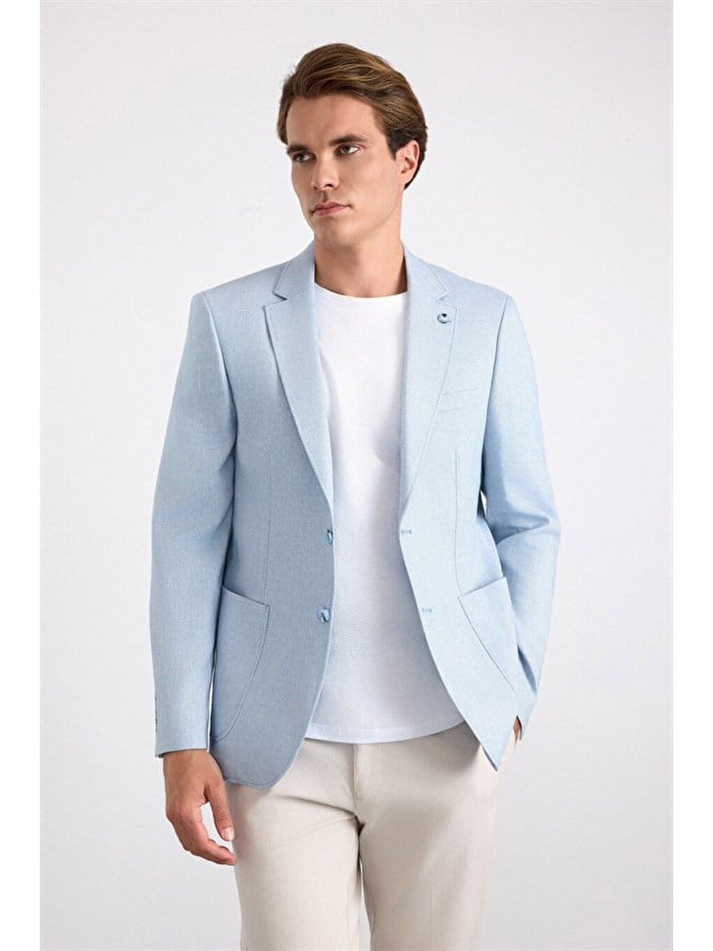 Saks Mavi Slim Sivri Yaka Düz Poplin Torba Cep 6 Drop Klasik Ceket-4