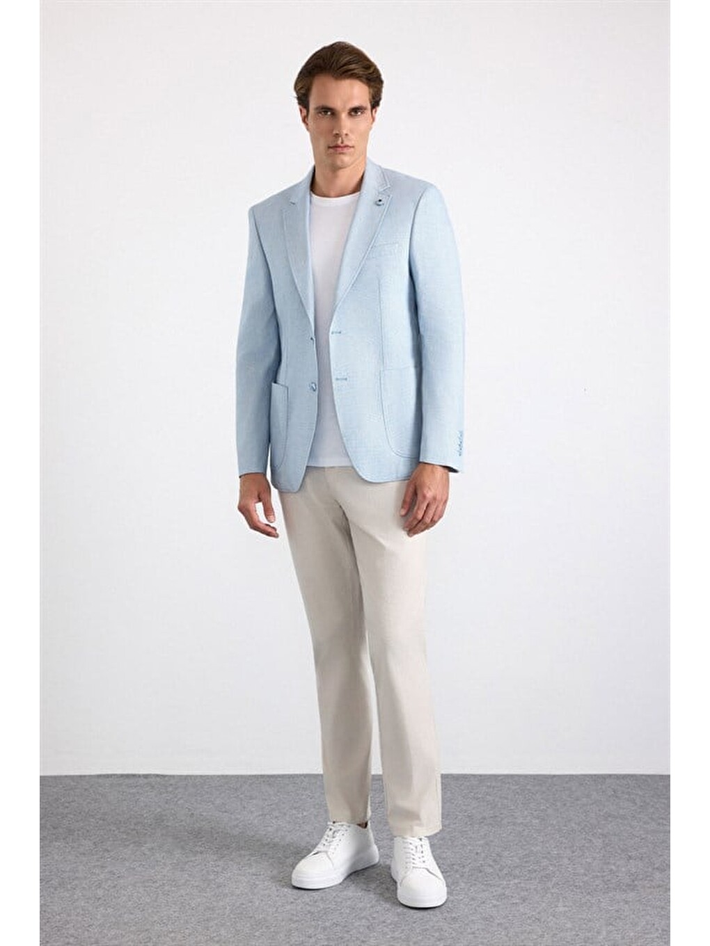 Saks Mavi Slim Sivri Yaka Düz Poplin Torba Cep 6 Drop Klasik Ceket-7