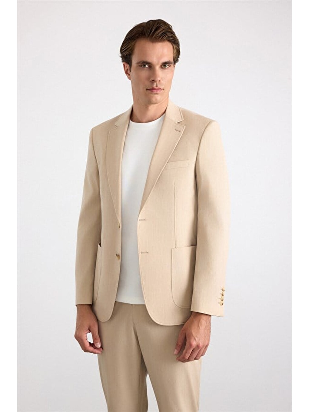 Bej Slim Mono Yaka Düz Torba Cep 6 Drop Takım Elbise-1