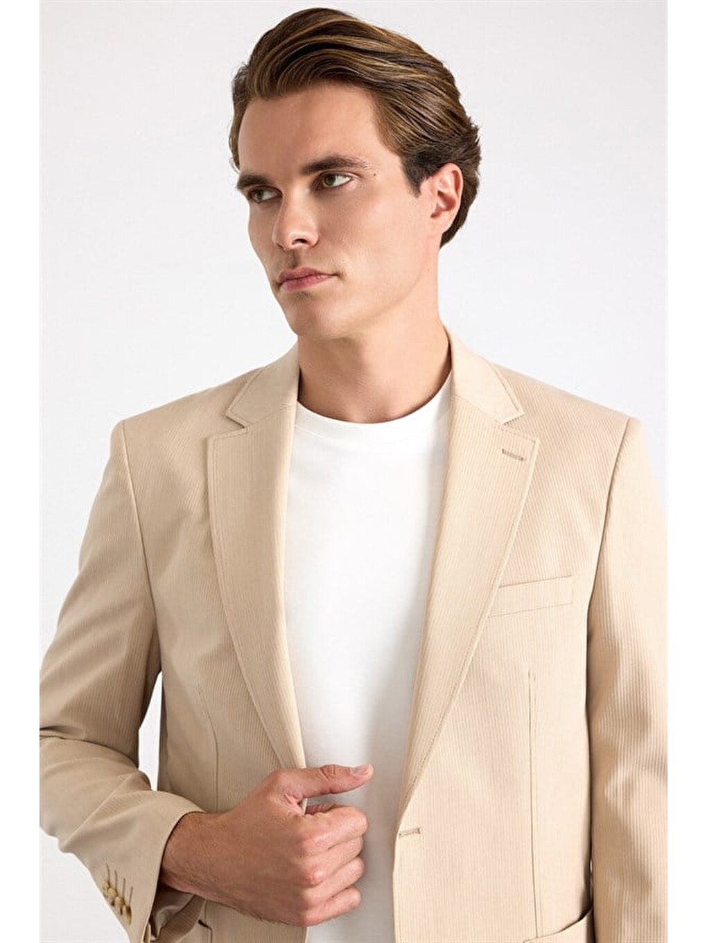 Bej Slim Mono Yaka Düz Torba Cep 6 Drop Takım Elbise-2