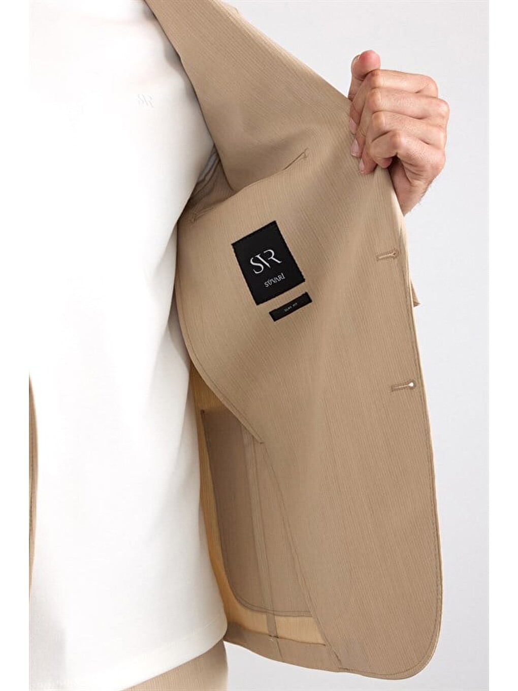 Bej Slim Mono Yaka Düz Torba Cep 6 Drop Takım Elbise-4