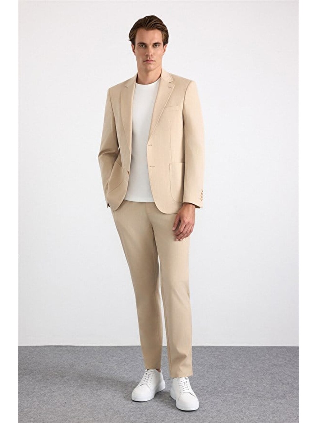 Bej Slim Mono Yaka Düz Torba Cep 6 Drop Takım Elbise-6