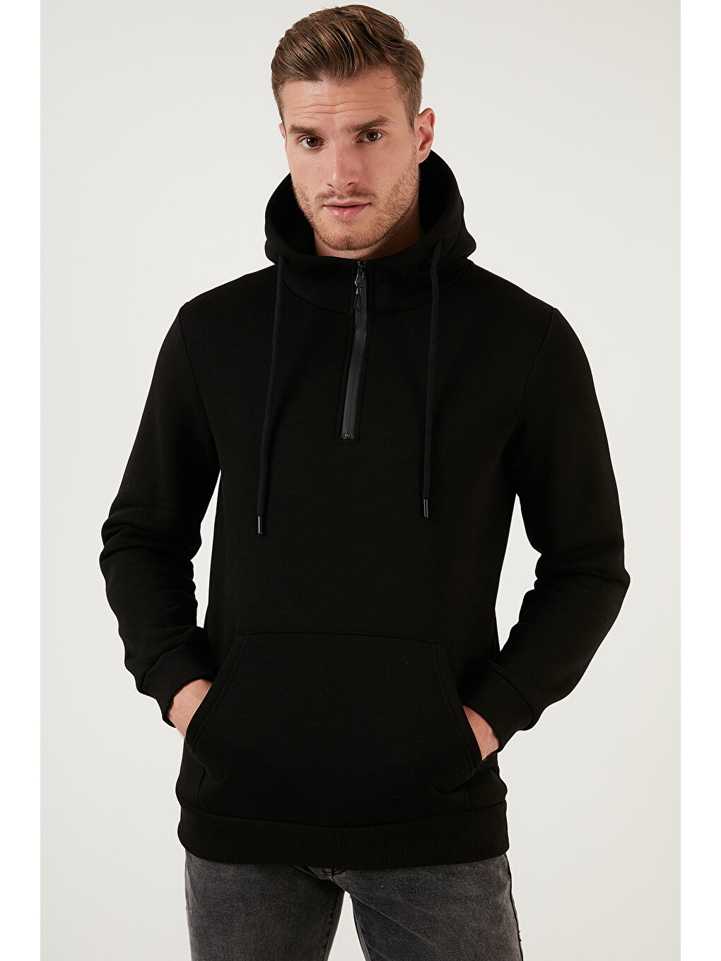 Siyah Pamuklu İçi Tüylü Yumuşak Şardonlu Kapüşonlu Erkek Sweat 59052651-5