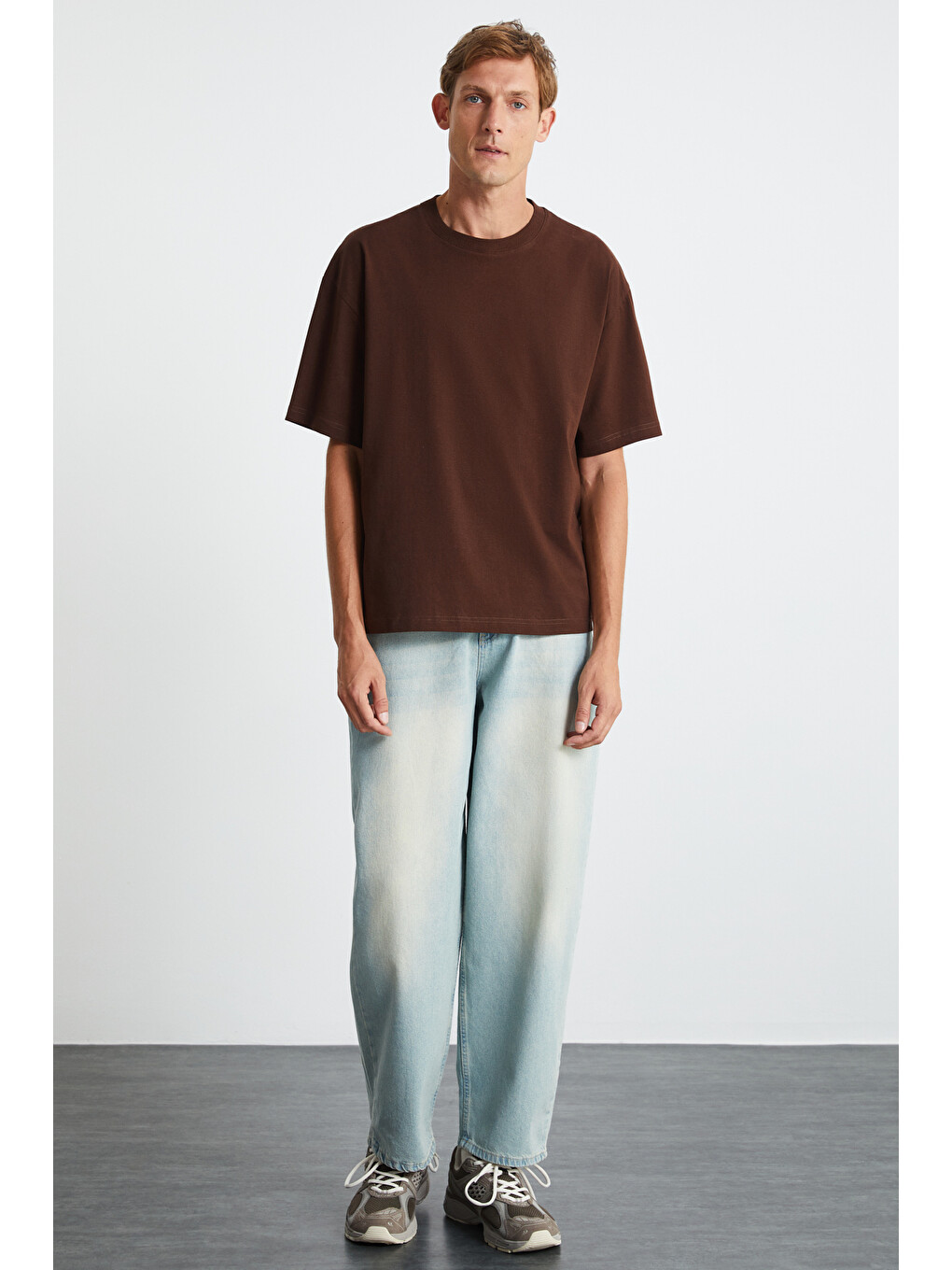 Kahverengi Jett Erkek Oversize Fit %100 Organik Pamuk Kalın Dokulu Bisiklet Yakalı Acı Kahve T-shirt-1