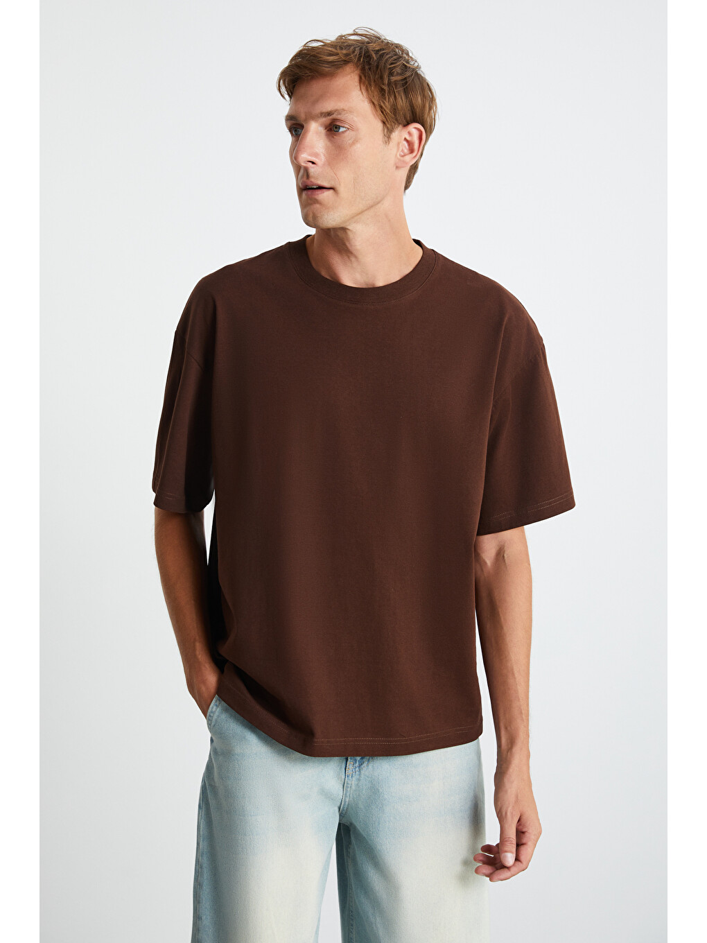 Kahverengi Jett Erkek Oversize Fit %100 Organik Pamuk Kalın Dokulu Bisiklet Yakalı Acı Kahve T-shirt-2