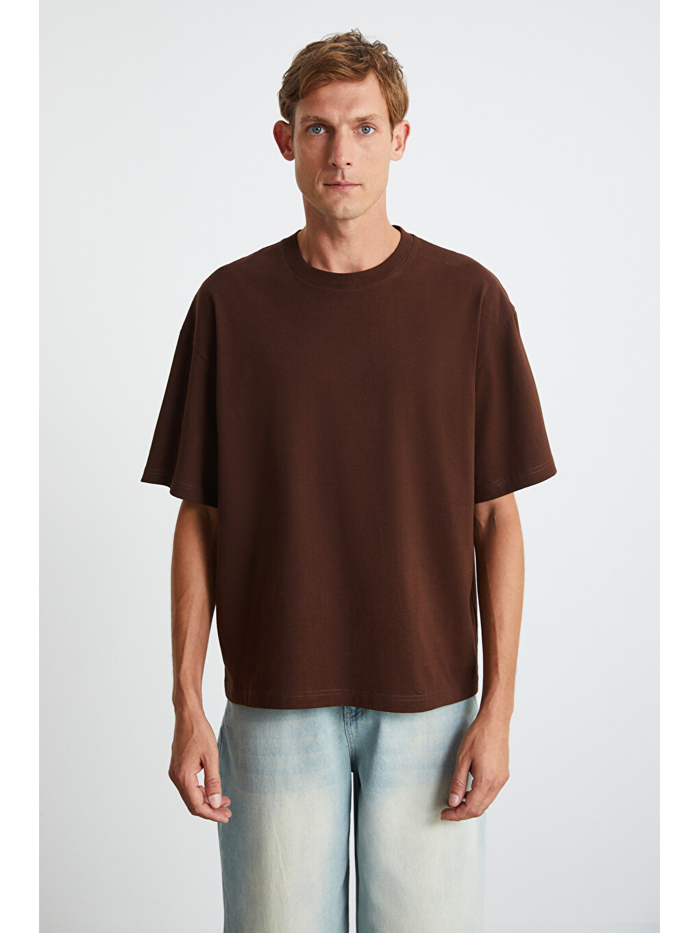 Kahverengi Jett Erkek Oversize Fit %100 Organik Pamuk Kalın Dokulu Bisiklet Yakalı Acı Kahve T-shirt-3