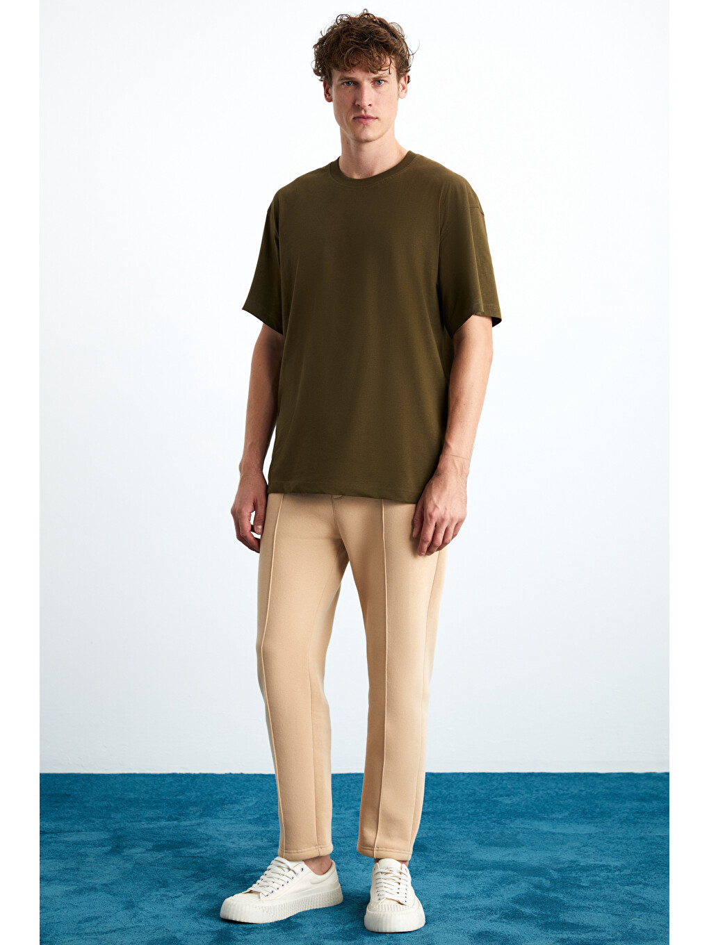 Erkek Oversize Fit %100 Organik Pamuk Kalın Dokulu Bisiklet Yakalı Haki Tişört-1