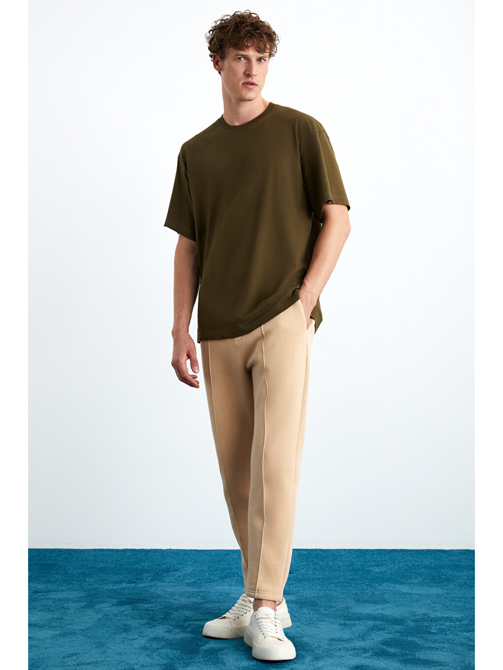 Erkek Oversize Fit %100 Organik Pamuk Kalın Dokulu Bisiklet Yakalı Haki Tişört-3