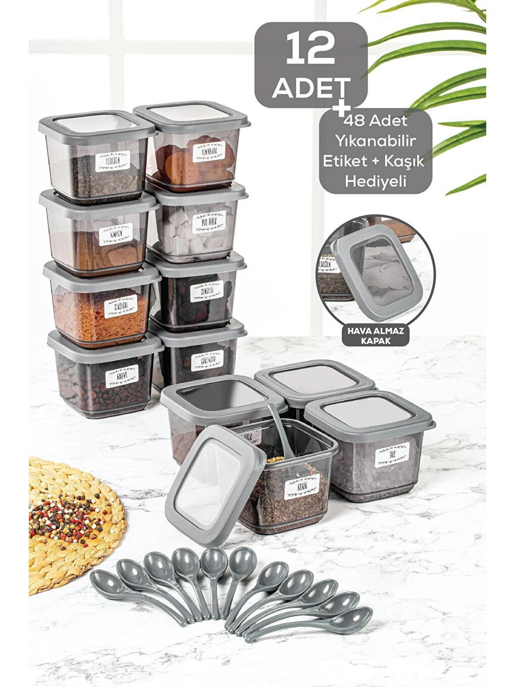 12'li Küçük Boy Silikon Kapaklı Kare Erzak Saklama Kabı Seti 12x 500 ml Kaşıklı Baharatlık Antrasit-2