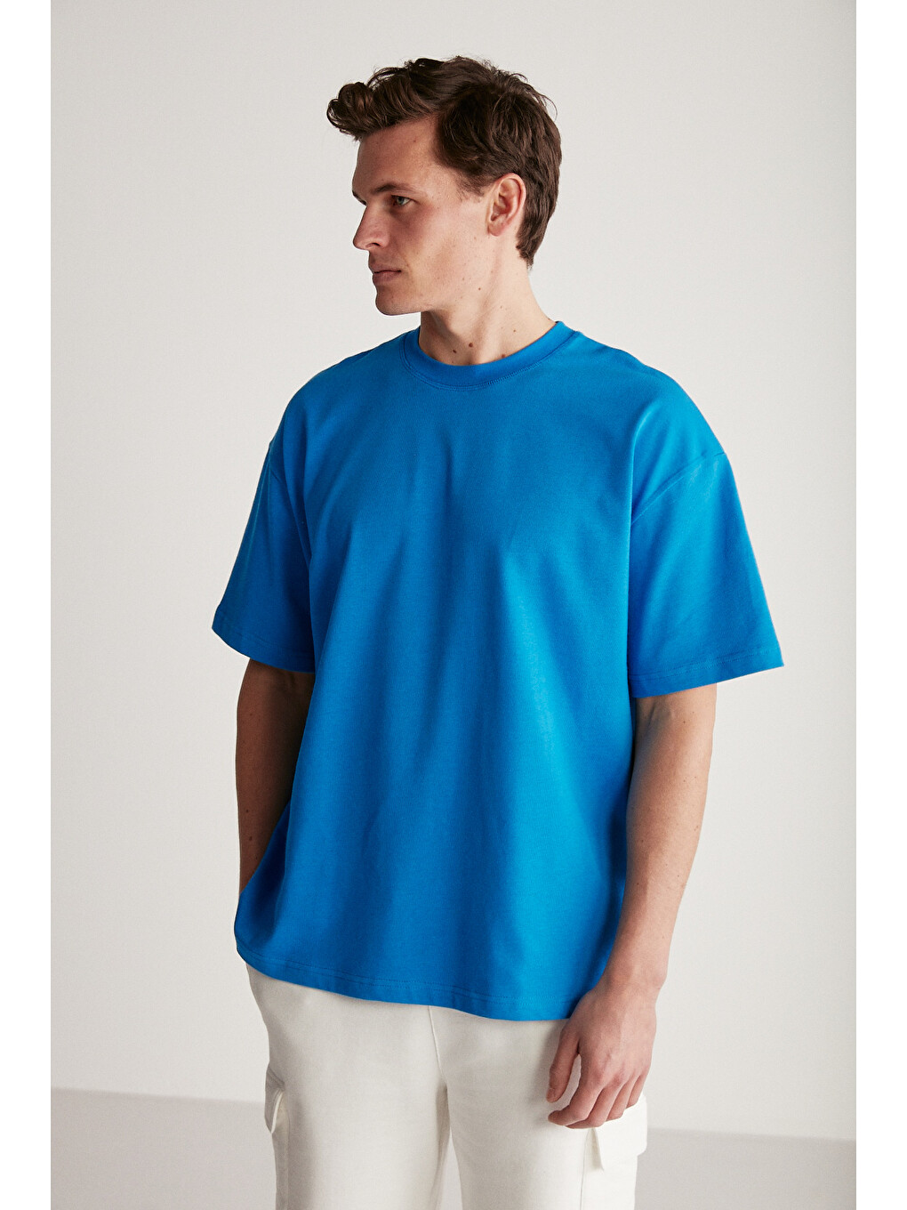 Mavi Erkek Oversize Fit %100 Organik Pamuk Kalın Dokulu Bisiklet Yakalı Saks Tişört-1