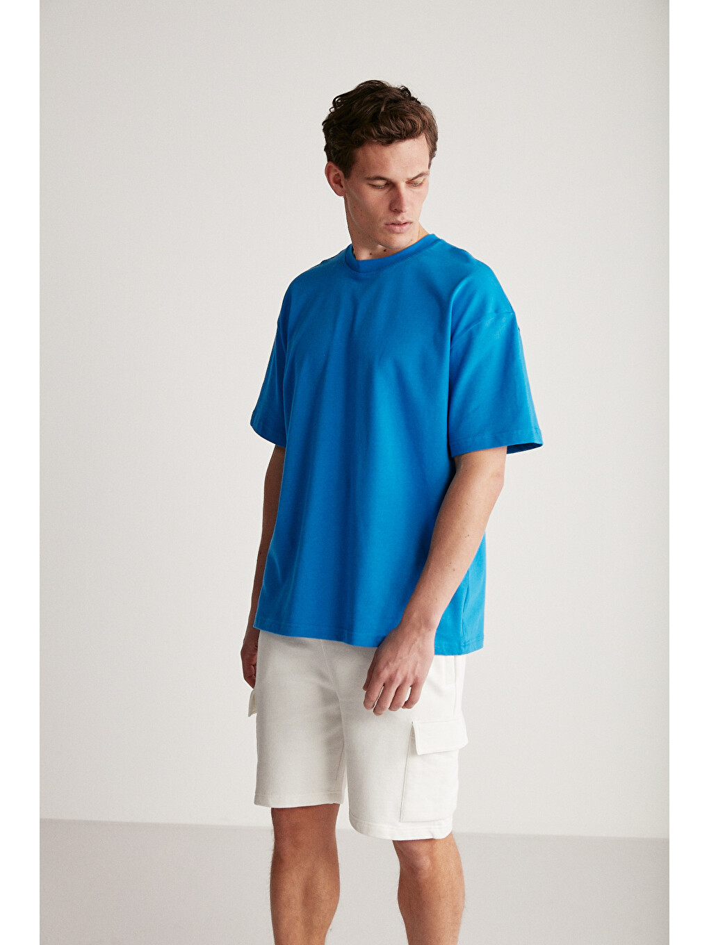 Mavi Erkek Oversize Fit %100 Organik Pamuk Kalın Dokulu Bisiklet Yakalı Saks Tişört-2