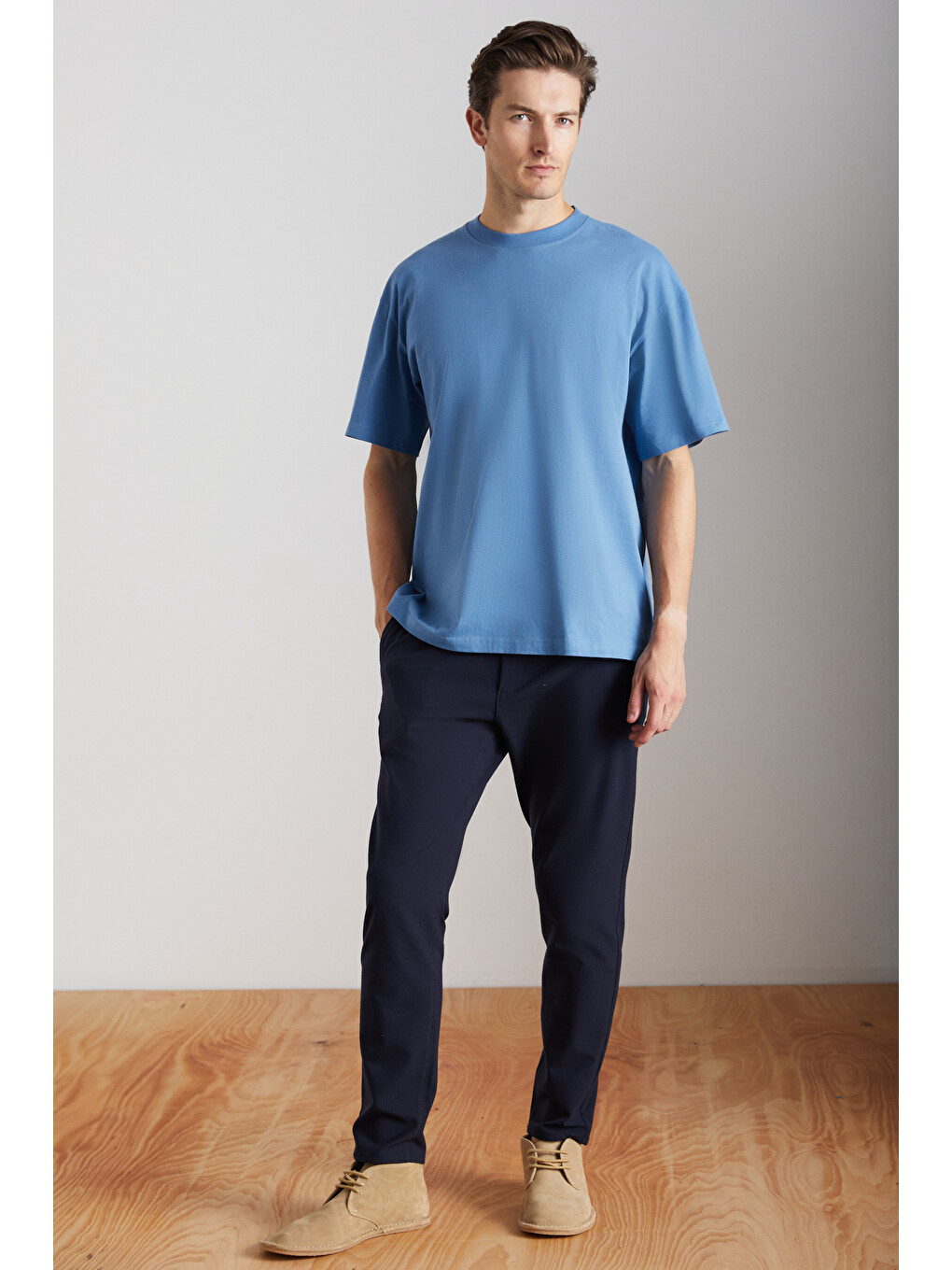 Erkek Oversize Fit %100 Organik Pamuk Kalın Dokulu Bisiklet Yakalı İndigo Tişört-1