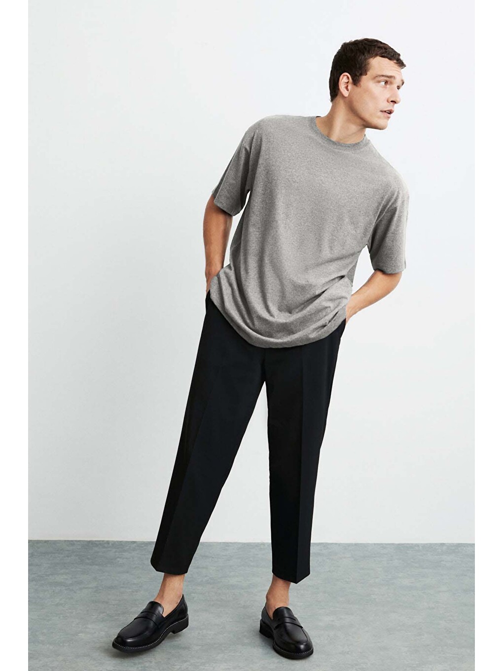 Erkek Oversize Fit %100 Organik Pamuk Kalın Dokulu Bisiklet Yakalı Gri Melanj Tişört-3