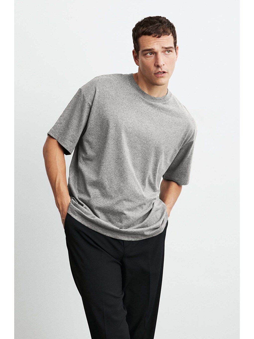Erkek Oversize Fit %100 Organik Pamuk Kalın Dokulu Bisiklet Yakalı Gri Melanj Tişört-4