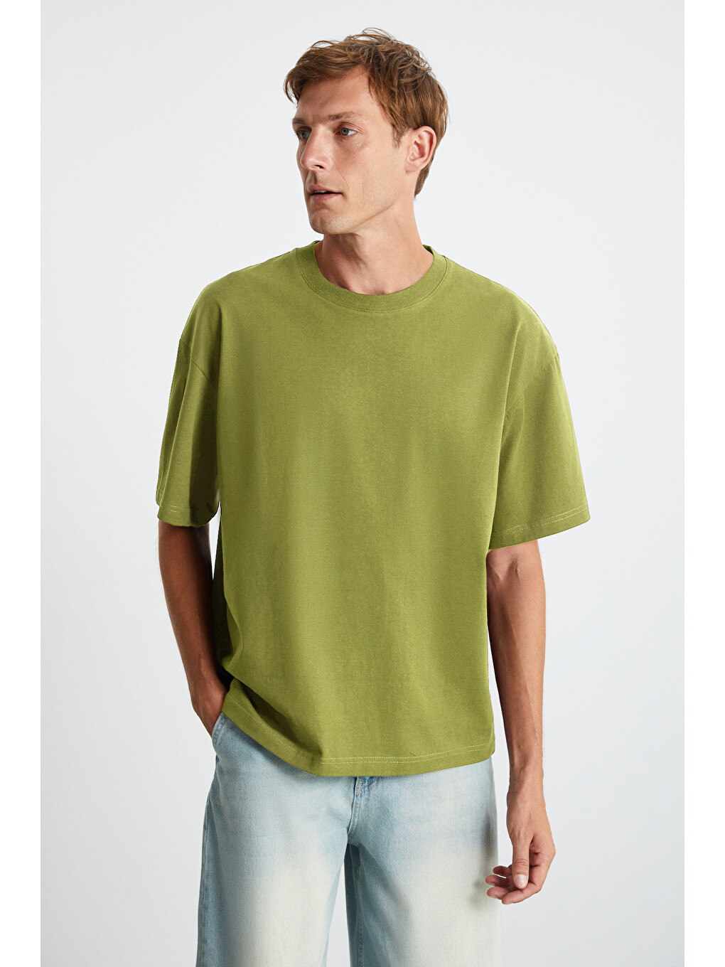 Erkek Oversize Fit %100 Organik Pamuk Kalın Dokulu Bisiklet Yakalı Açık Yeşil Tişört-2