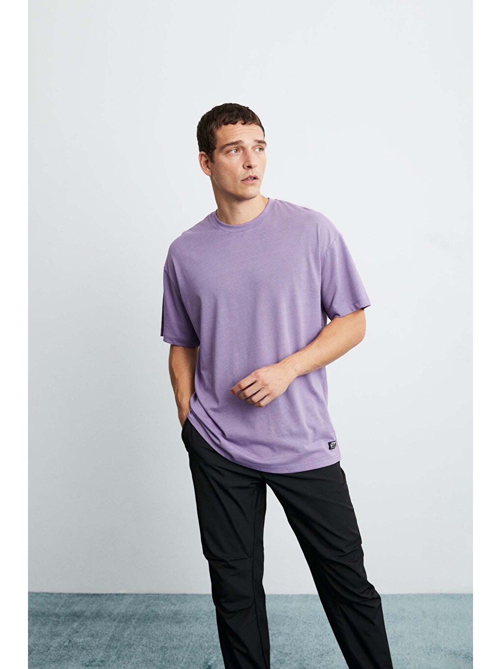 Erkek Oversize Fit %100 Organik Pamuk Kalın Dokulu Bisiklet Yakalı Mor Tişört-2