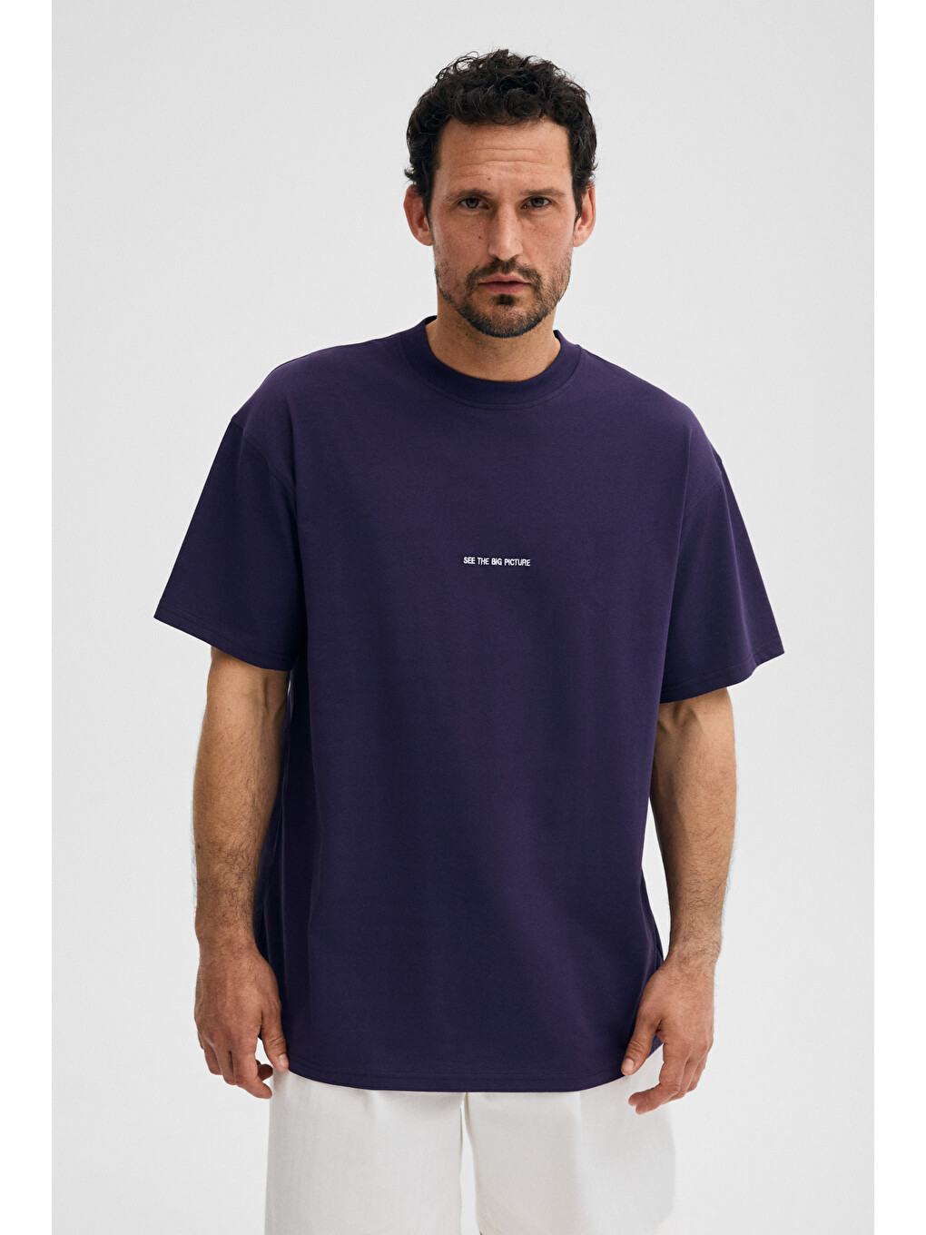 Rıver Erkek Oversize Fit Bol Kesim Nakış İşlemeli Basic Örme Koyu Mor Tişört