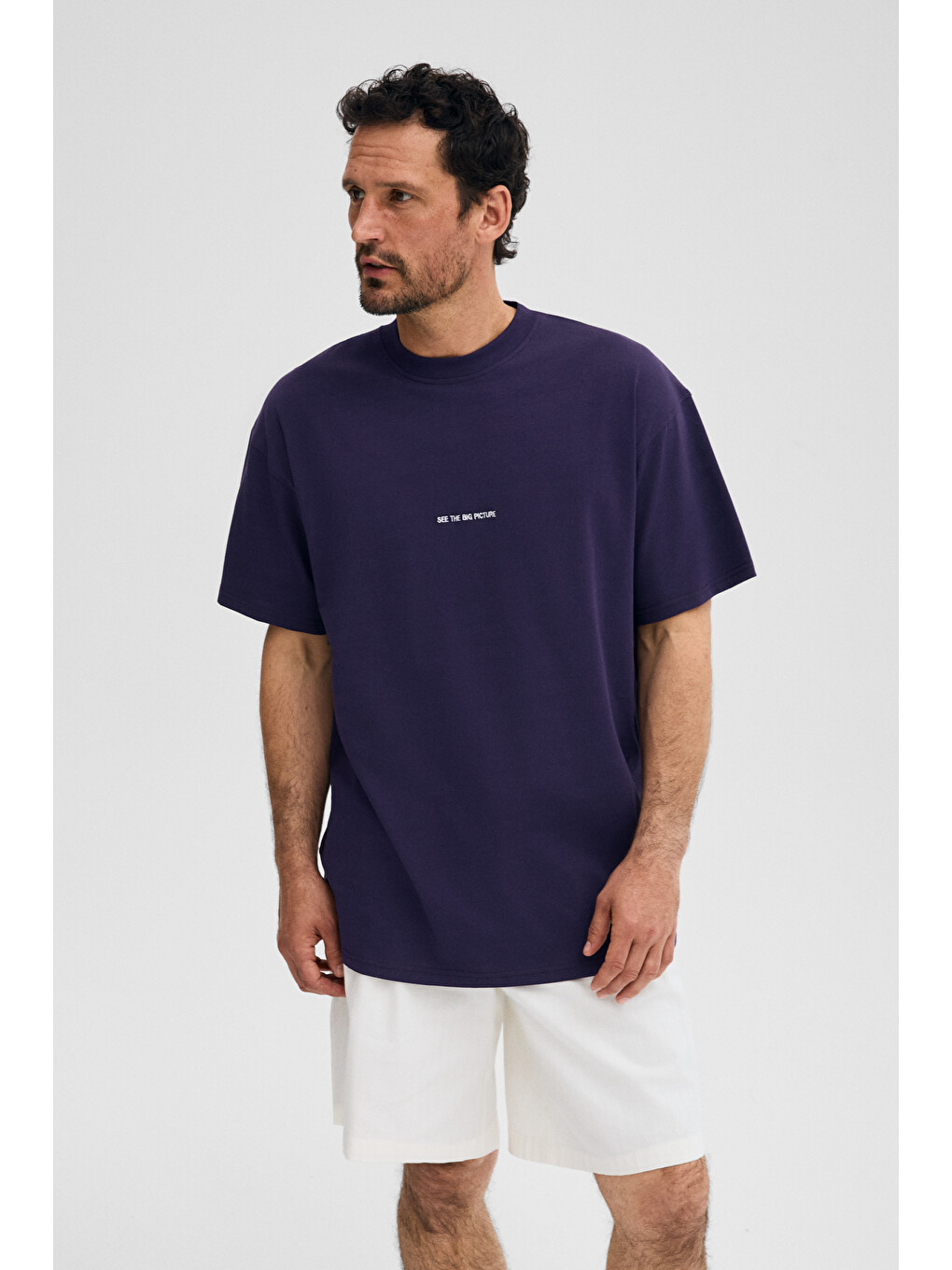 Rıver Erkek Oversize Fit Bol Kesim Nakış İşlemeli Basic Örme Koyu Mor Tişört-2