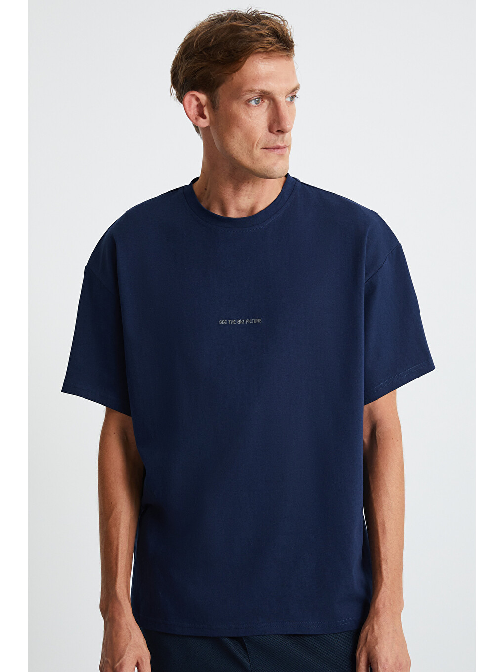 Rıver Erkek Oversize Fit Bol Kesim Nakış İşlemeli Basic Örme Lacivert Tişört-2