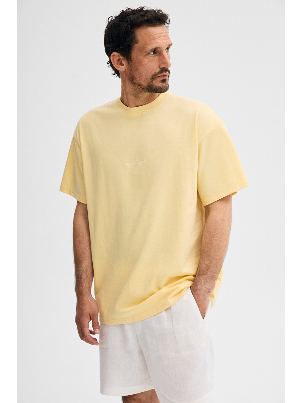 Rıver Erkek Oversize Fit Bol Kesim Nakış İşlemeli Basic Örme Açık Sarı Tişört-2