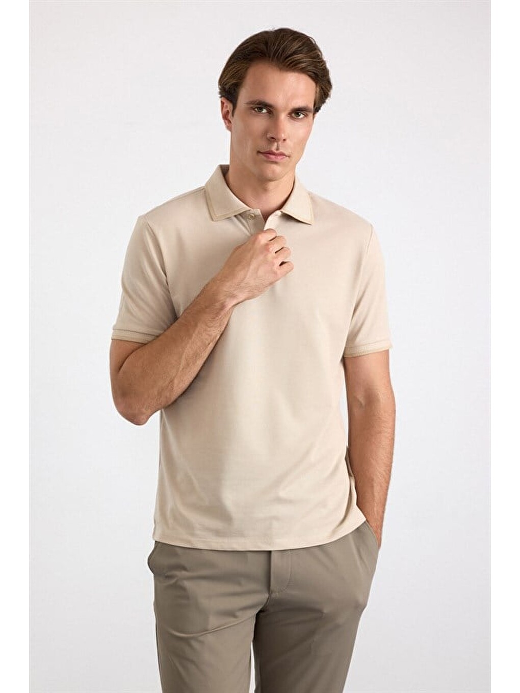 Bej Regular Düz Baskısız Pike Polo Yaka Tişört-1