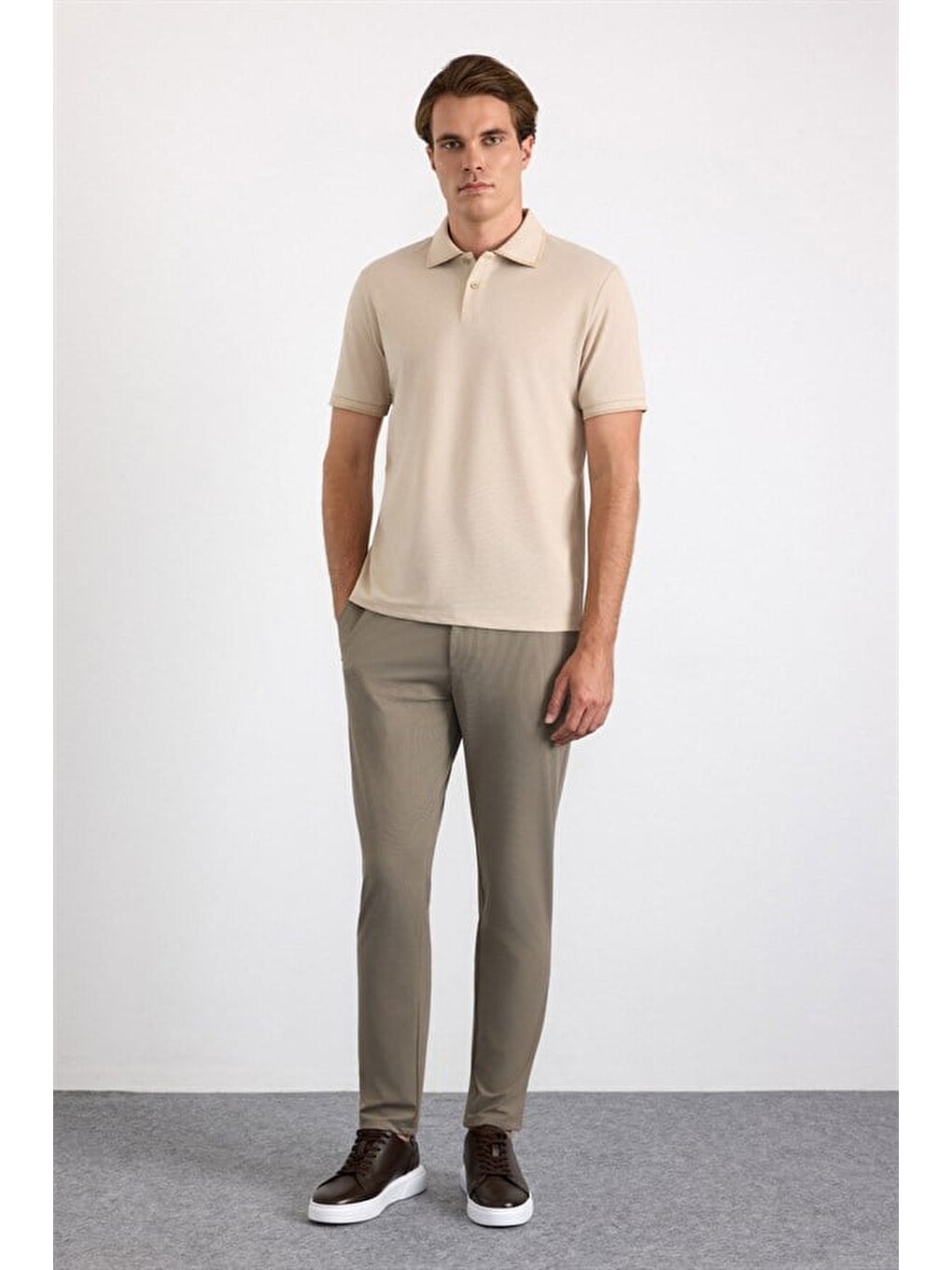 Bej Regular Düz Baskısız Pike Polo Yaka Tişört-4