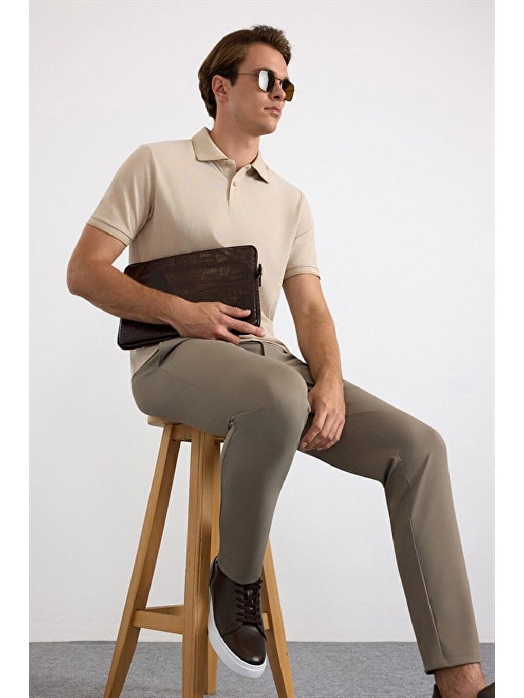 Bej Regular Düz Baskısız Pike Polo Yaka Tişört-6