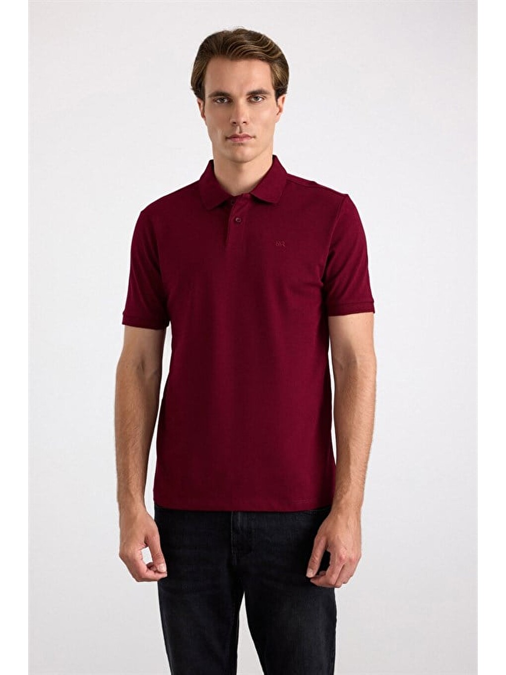Koyu Bordo Regular Düz Nakışlı Pike Düğmeli Polo Yaka Tişört-1