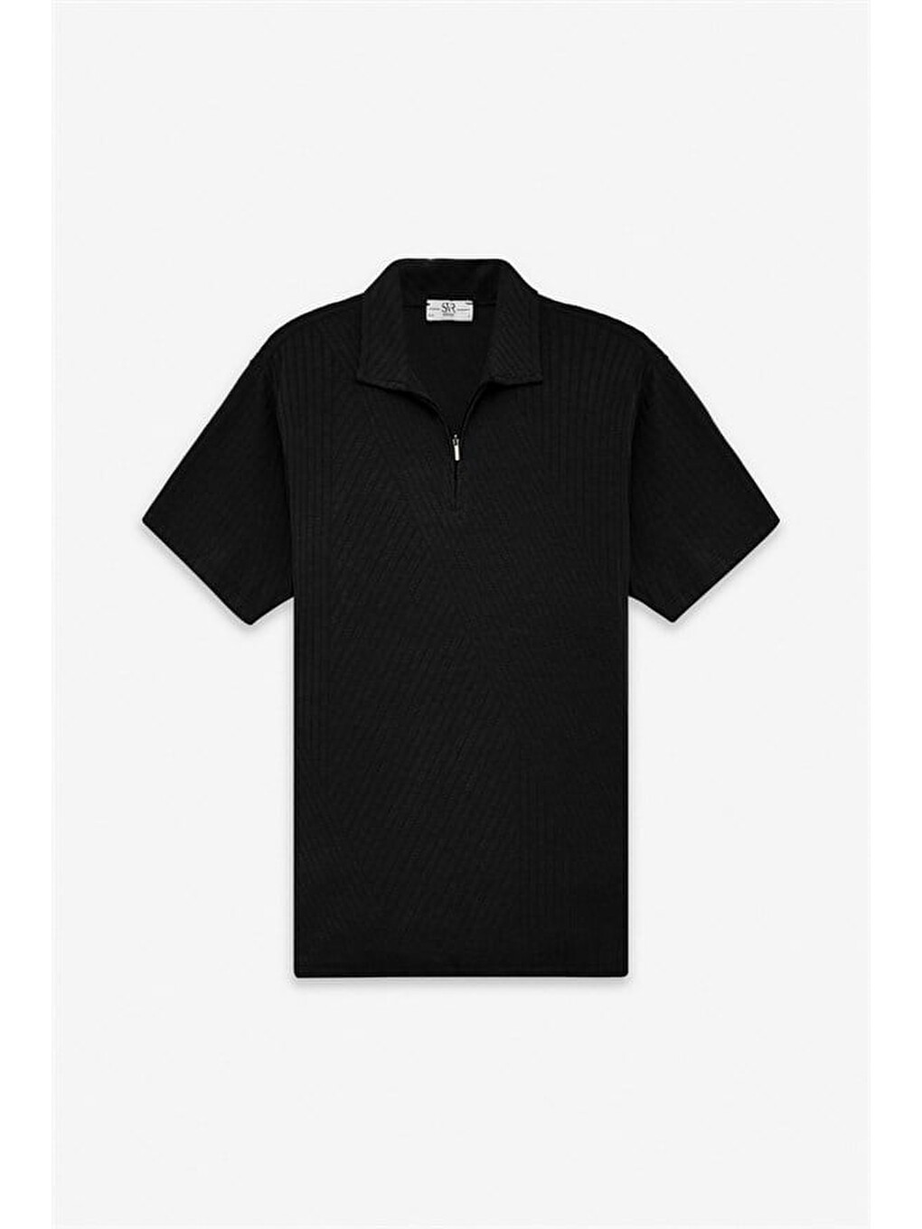 Siyah Slim Yatay Çizgili Baskısız Jakarlı Fermuarlı Polo Yaka Tişört-4