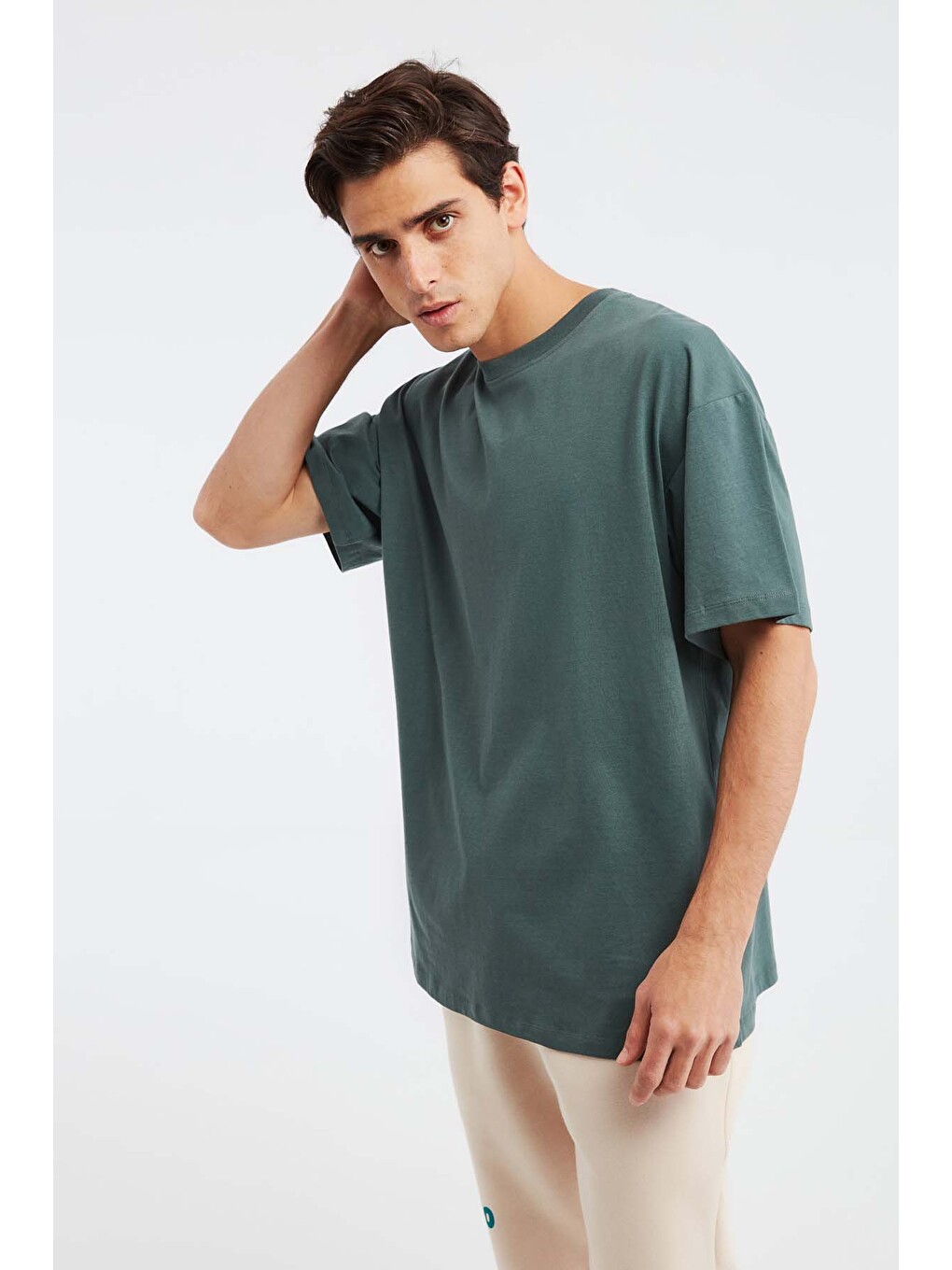 Yeşil JETT Erkek Oversize Fit %100 organik Pamuk Kalın Dokulu Bisiklet Yakalı KOYU YEŞİL T-Shirt