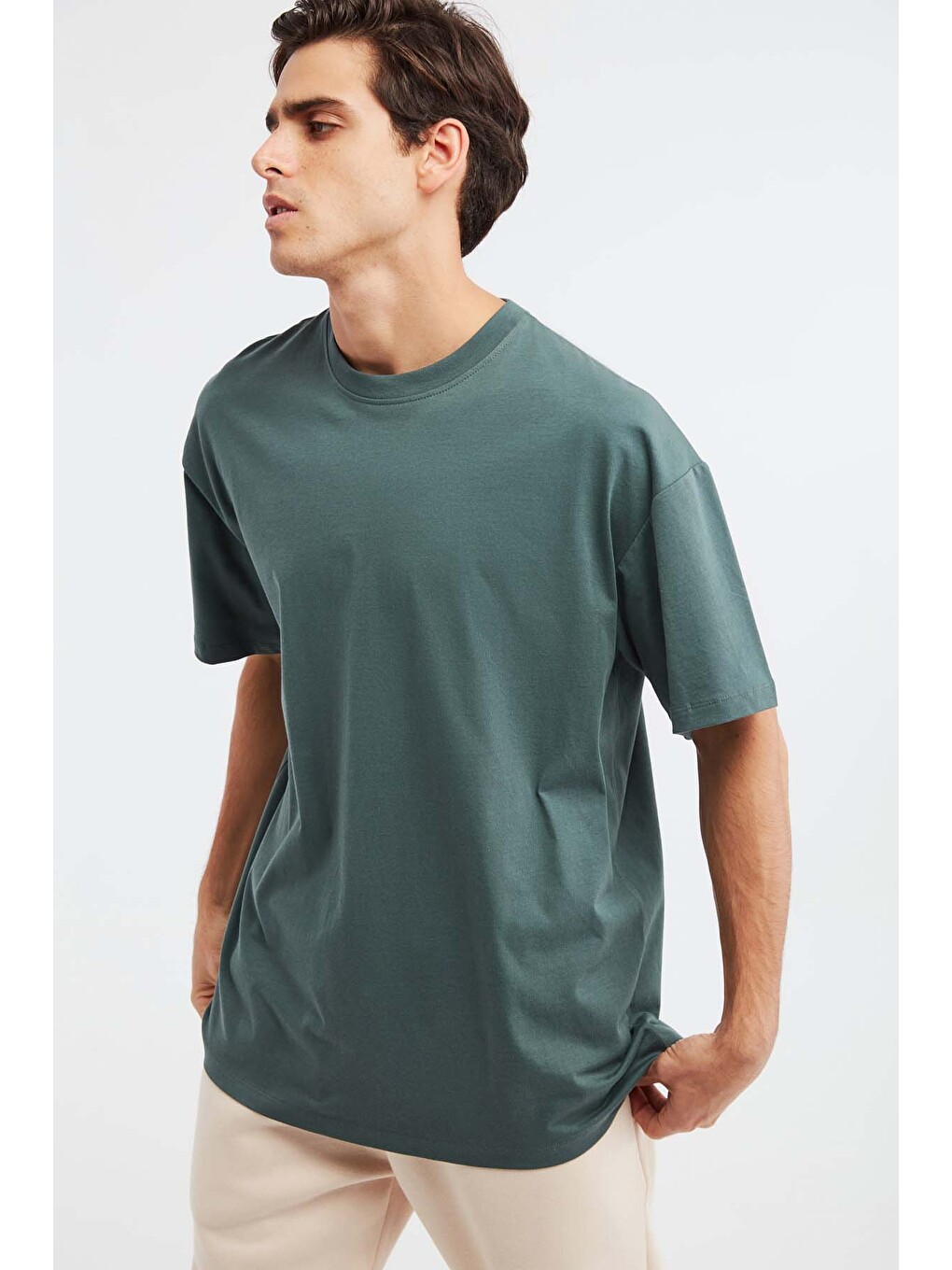 Yeşil JETT Erkek Oversize Fit %100 organik Pamuk Kalın Dokulu Bisiklet Yakalı KOYU YEŞİL T-Shirt-1