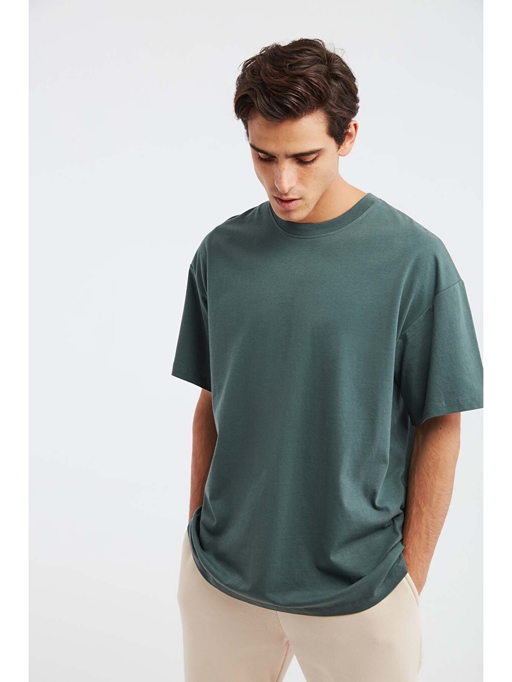 Yeşil JETT Erkek Oversize Fit %100 organik Pamuk Kalın Dokulu Bisiklet Yakalı KOYU YEŞİL T-Shirt-2