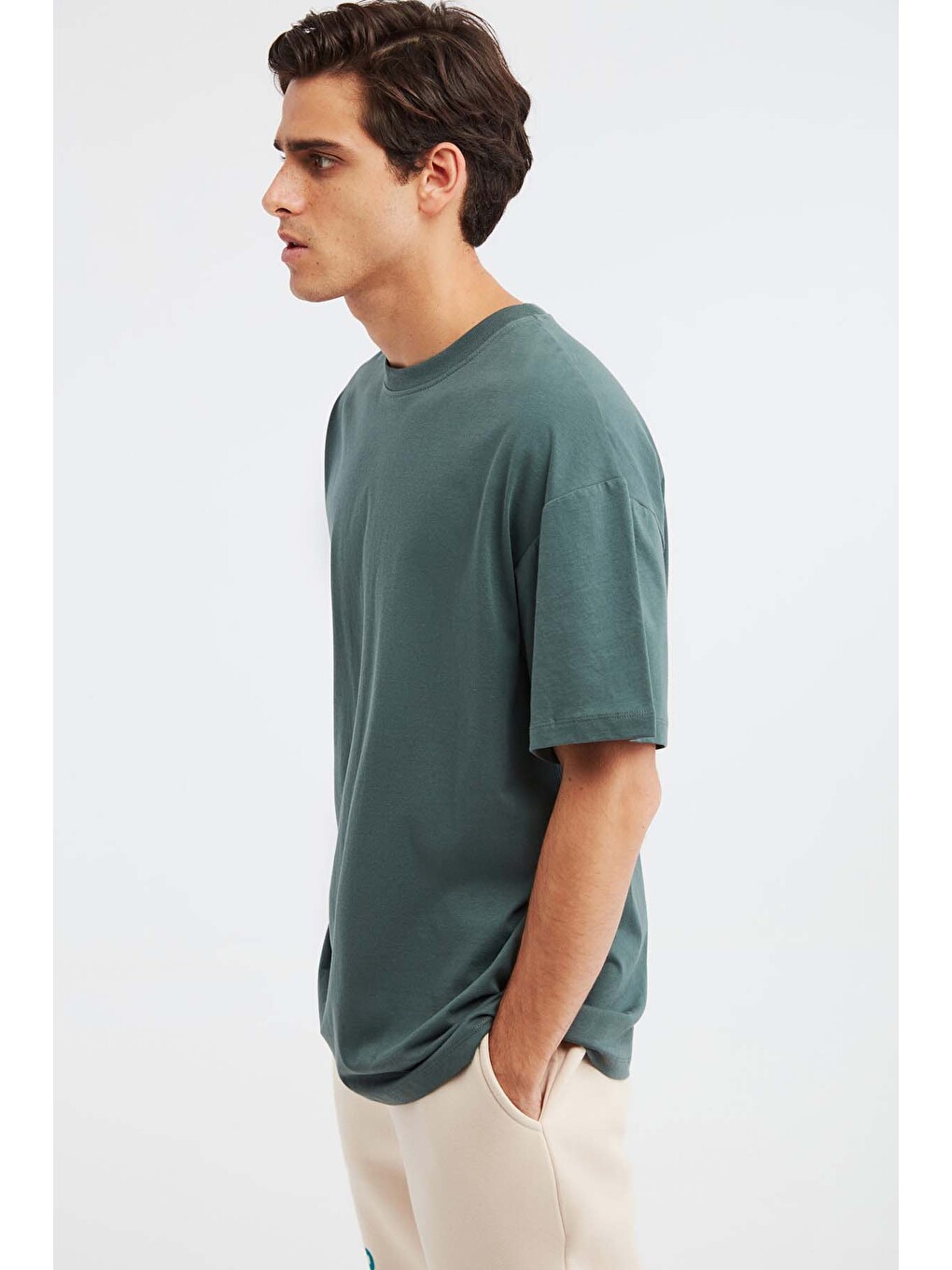Yeşil JETT Erkek Oversize Fit %100 organik Pamuk Kalın Dokulu Bisiklet Yakalı KOYU YEŞİL T-Shirt-3