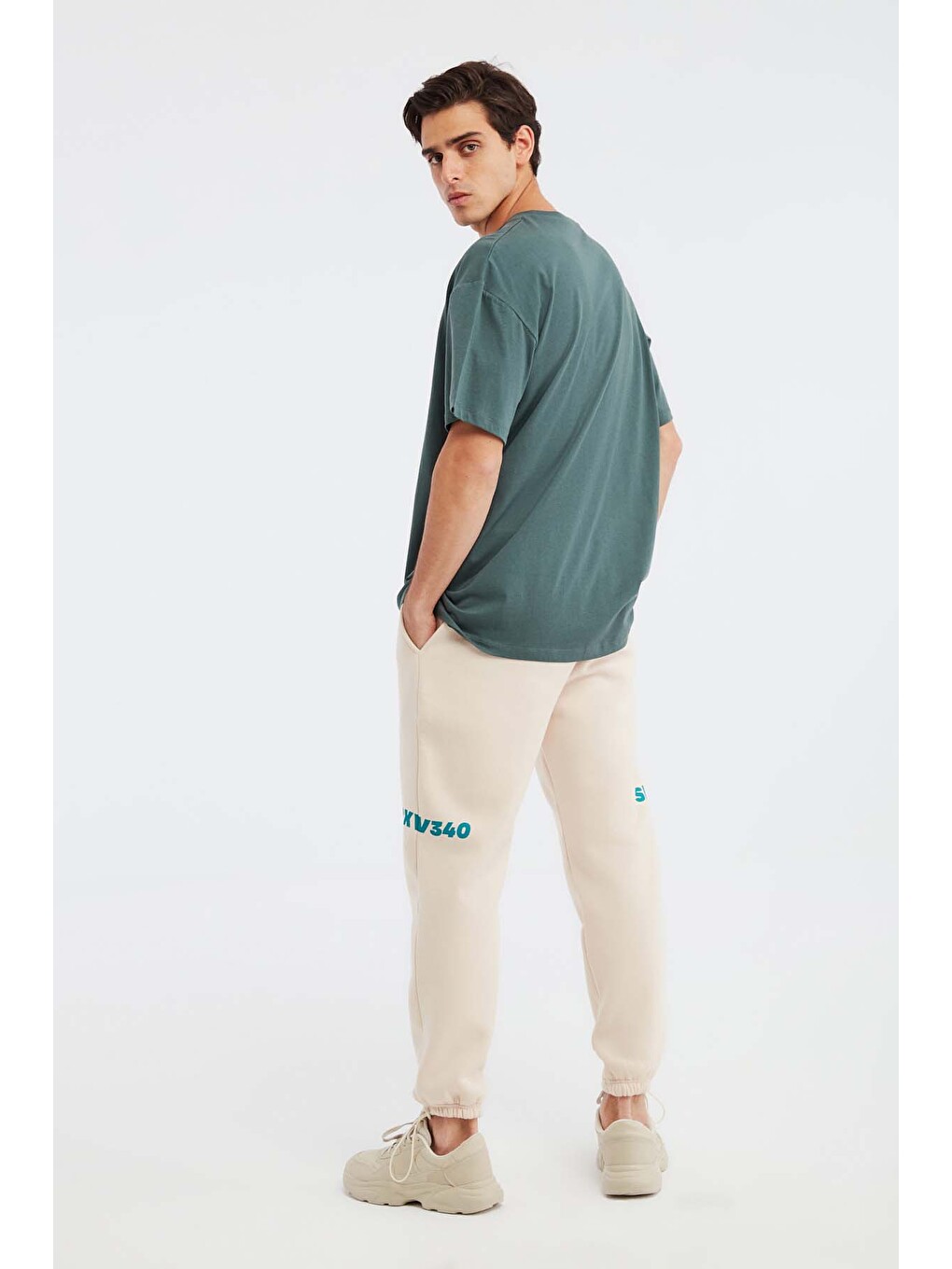 Yeşil JETT Erkek Oversize Fit %100 organik Pamuk Kalın Dokulu Bisiklet Yakalı KOYU YEŞİL T-Shirt-4
