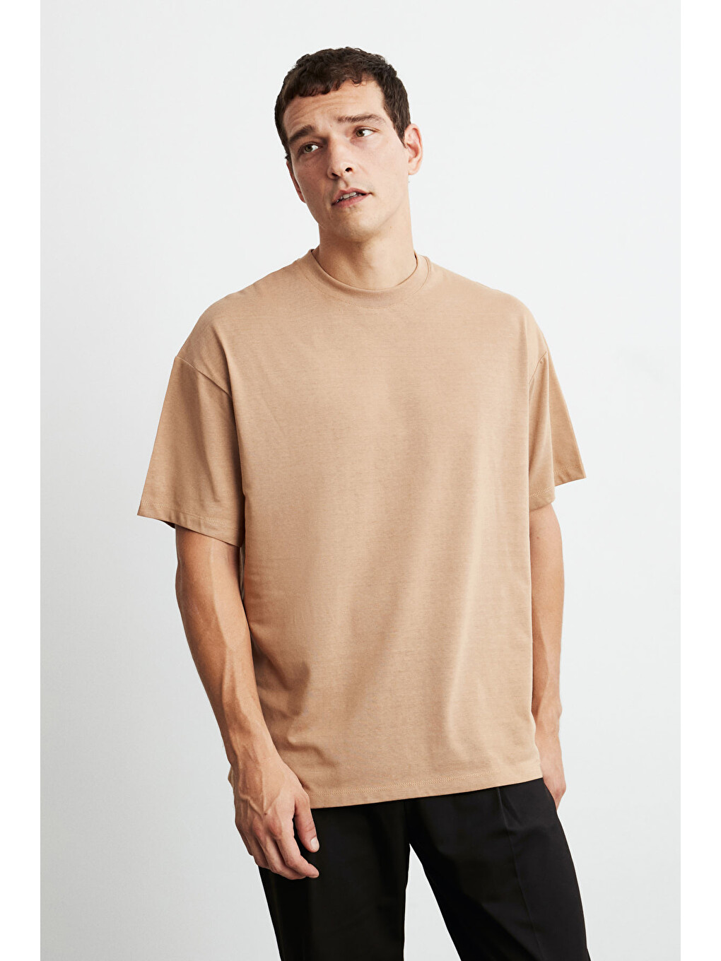 Erkek Oversize Fit %100 Organik Pamuk Kalın Dokulu Bisiklet Yakalı Kahverengi Tişört-5