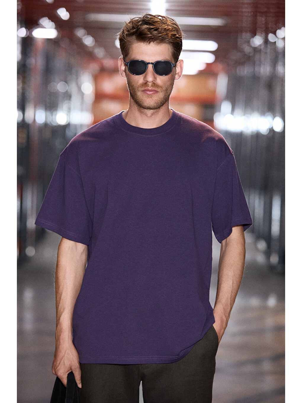 Erkek Oversize Fit %100 Organik Pamuk Kalın Dokulu Bisiklet Yakalı Koyu Mor Tişört-1
