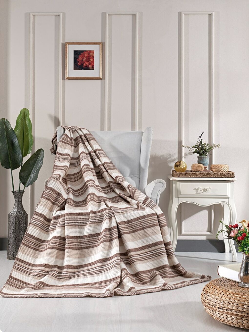 Waffle Çift Kişilik Pamuklu Battaniye 180x220 Bej-3