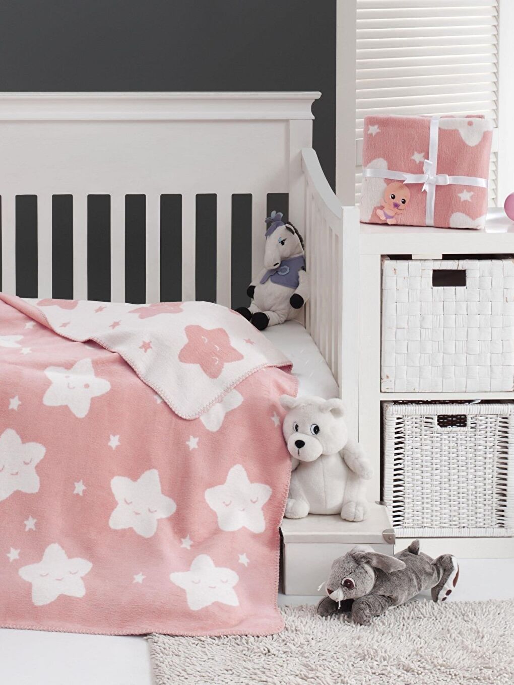 Pamuklu Çift Taraflı Bebek Battaniye 100x120 Star Pembe